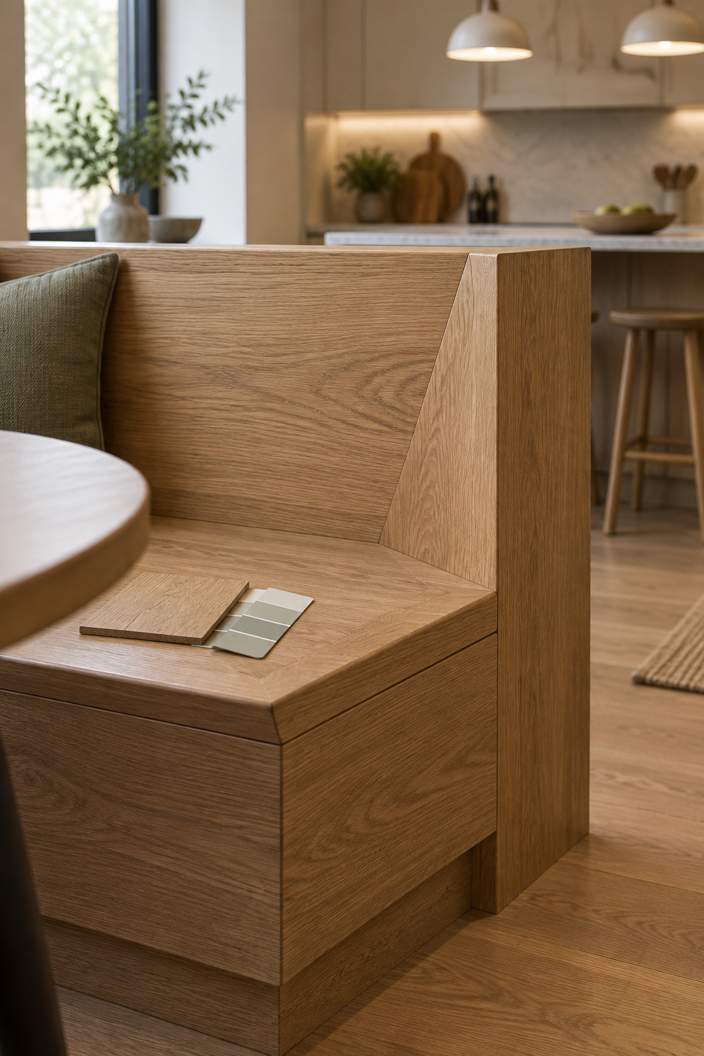 Finished oak banquette corner joinery with a wood sample and paint chip resting on the bench