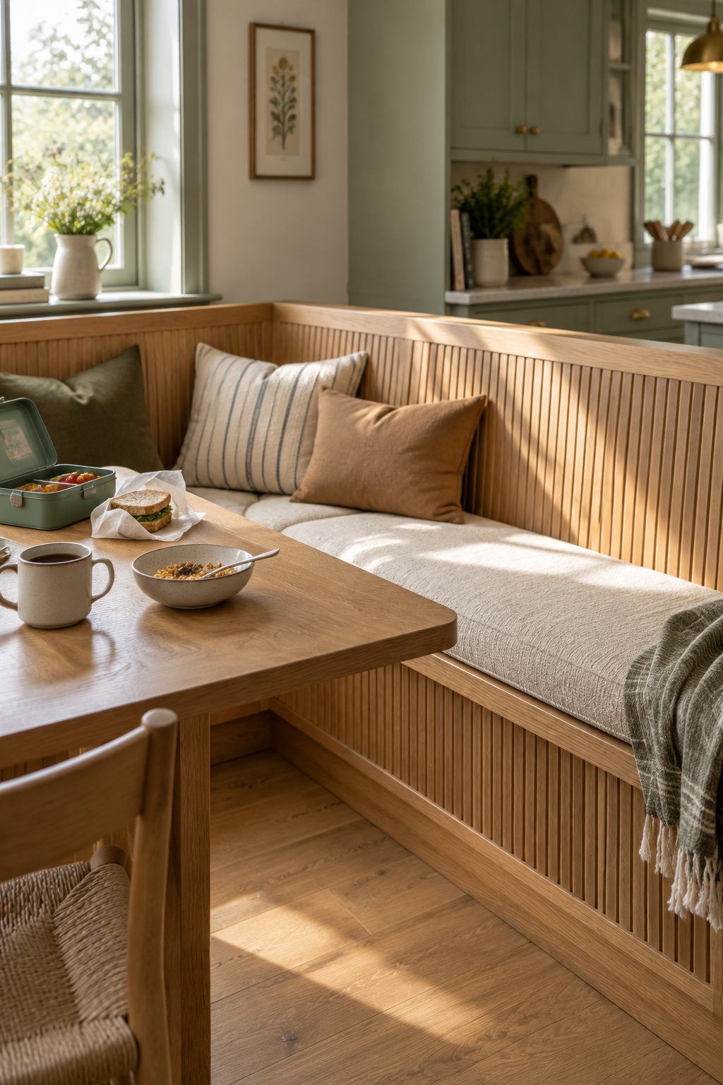 Built-in oak banquette bench wrapped around a sunlit kitchen corner, with an ochre cushion and a school-morning breakfast still on the table