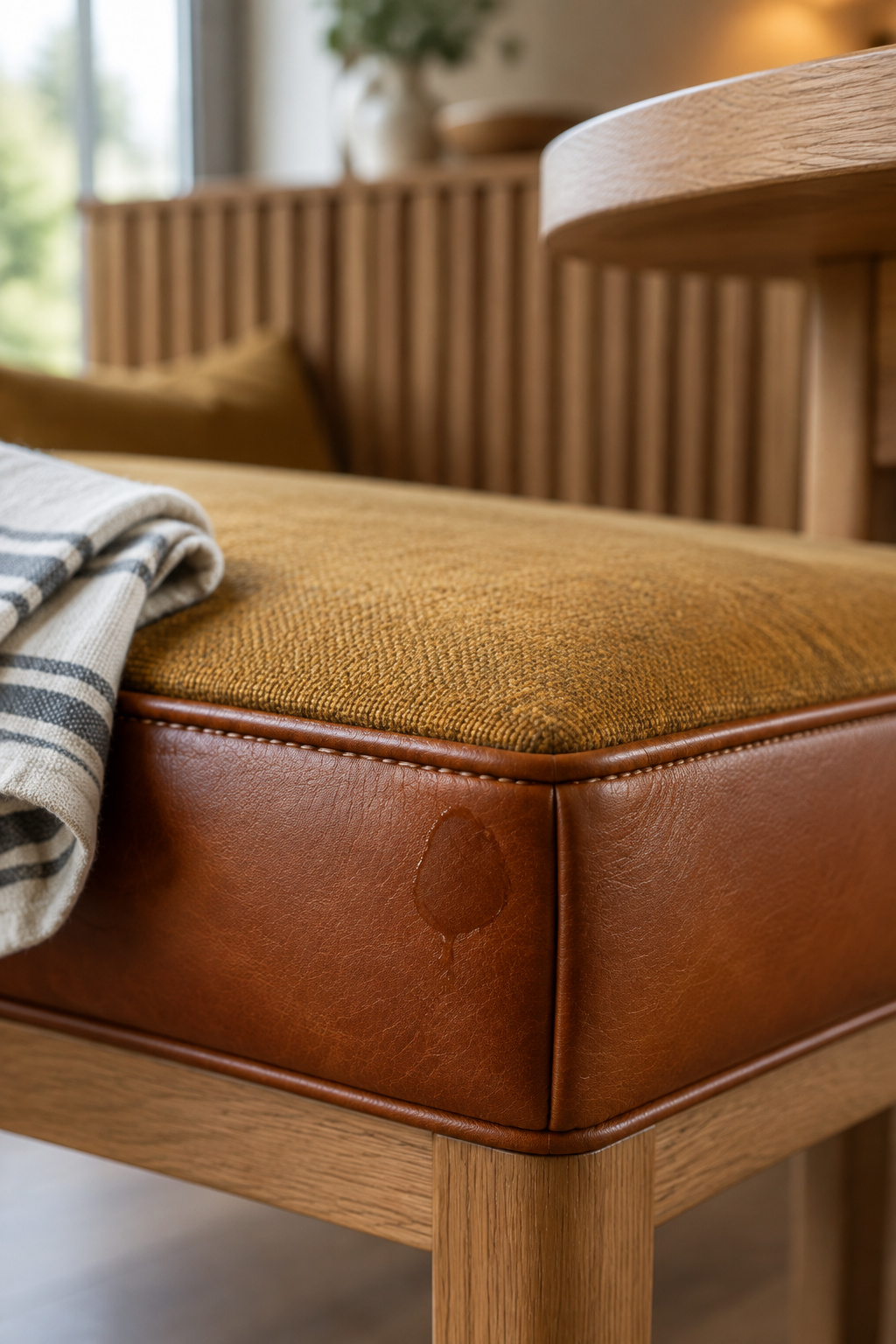 Close-up of cognac leather and ochre performance-fabric banquette cushions with a wiped-clean water mark