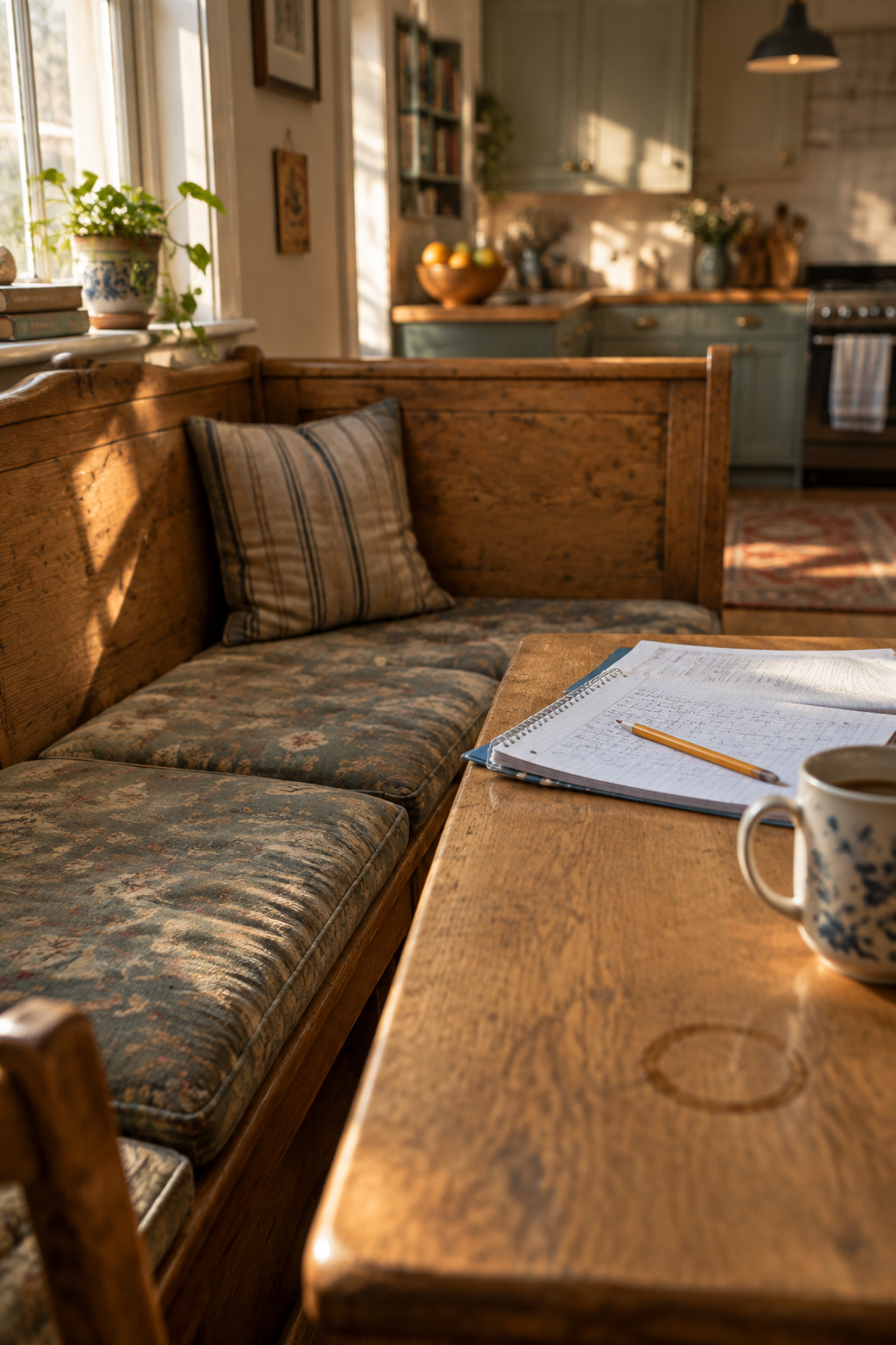 Well-used kitchen banquette with a faded cushion, homework left on the table, and a faint coffee ring on the tabletop