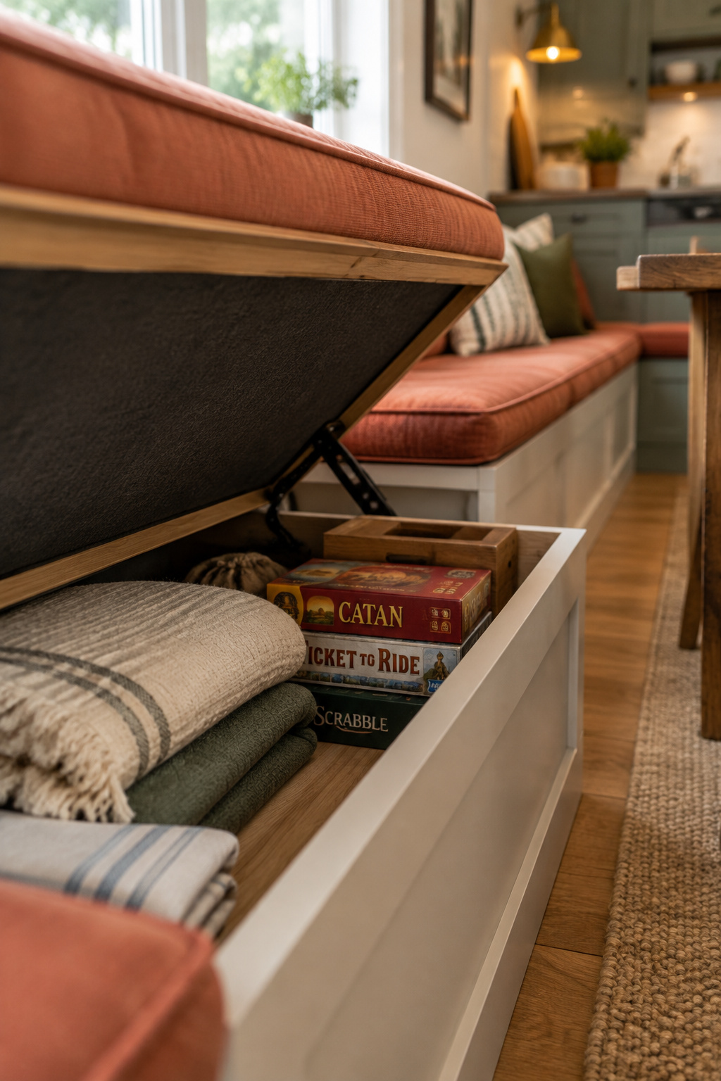 Kitchen banquette seat lifted open to reveal folded linens and board games stored underneath