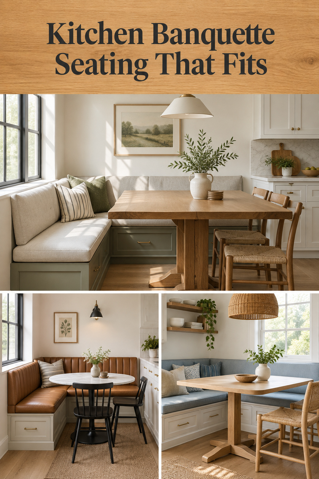 Pinterest pin collage of three kitchen banquette seating stages - corner measuring, finished L-shaped bench, and fluted oak detail - titled Kitchen Banquette Seating That Fits