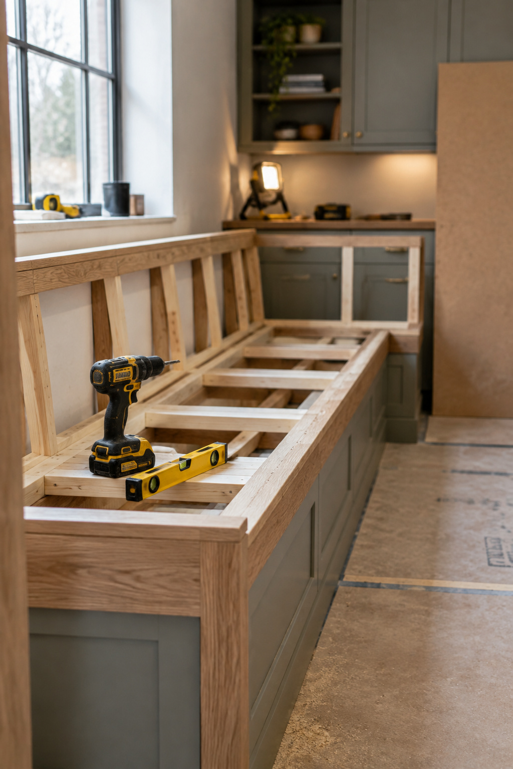 Unfinished built-in banquette frame under construction, stock cabinets topped with a pine support frame and drill resting on top