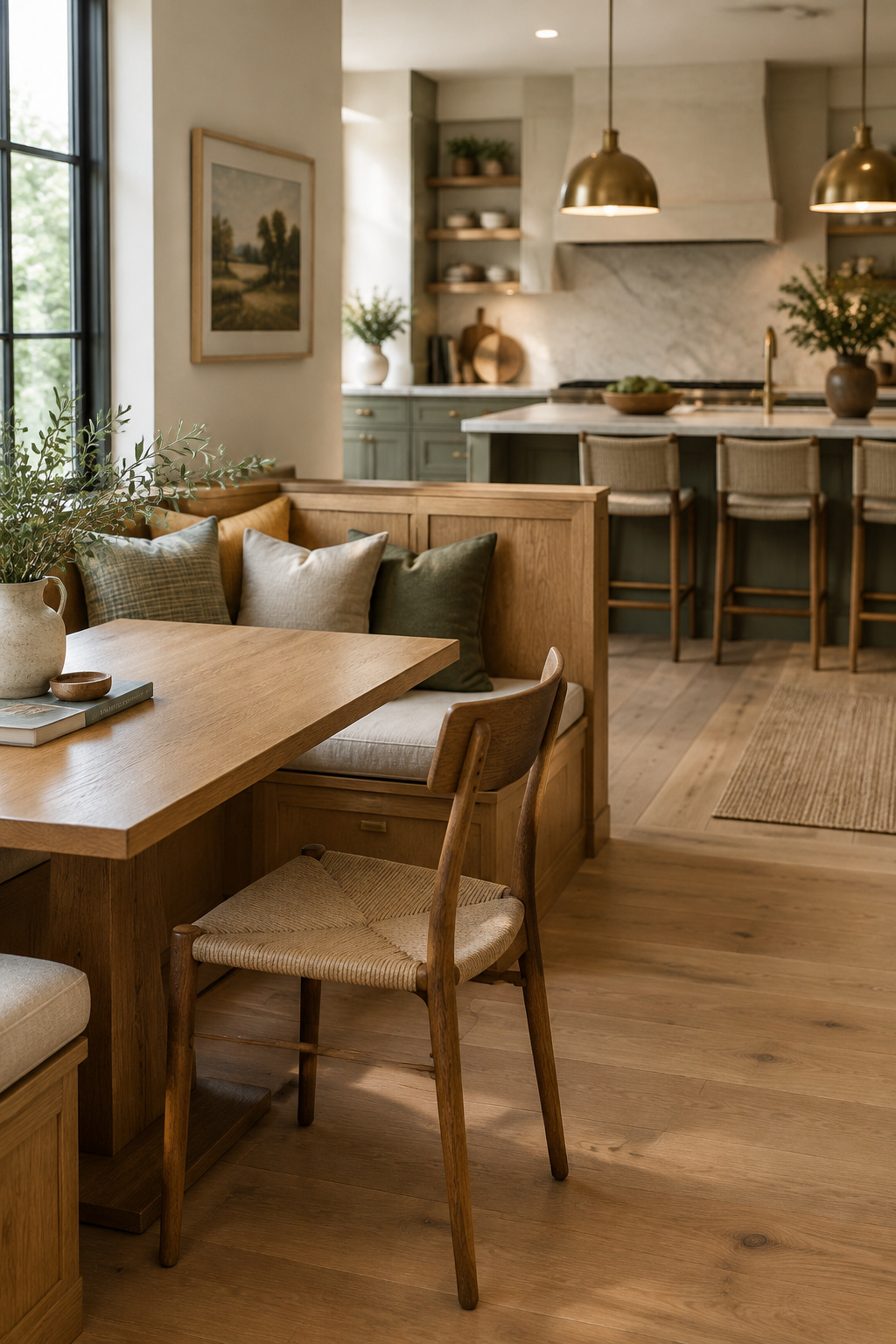 Kitchen banquette in the foreground with an island and counter stools visible in the background of the same room