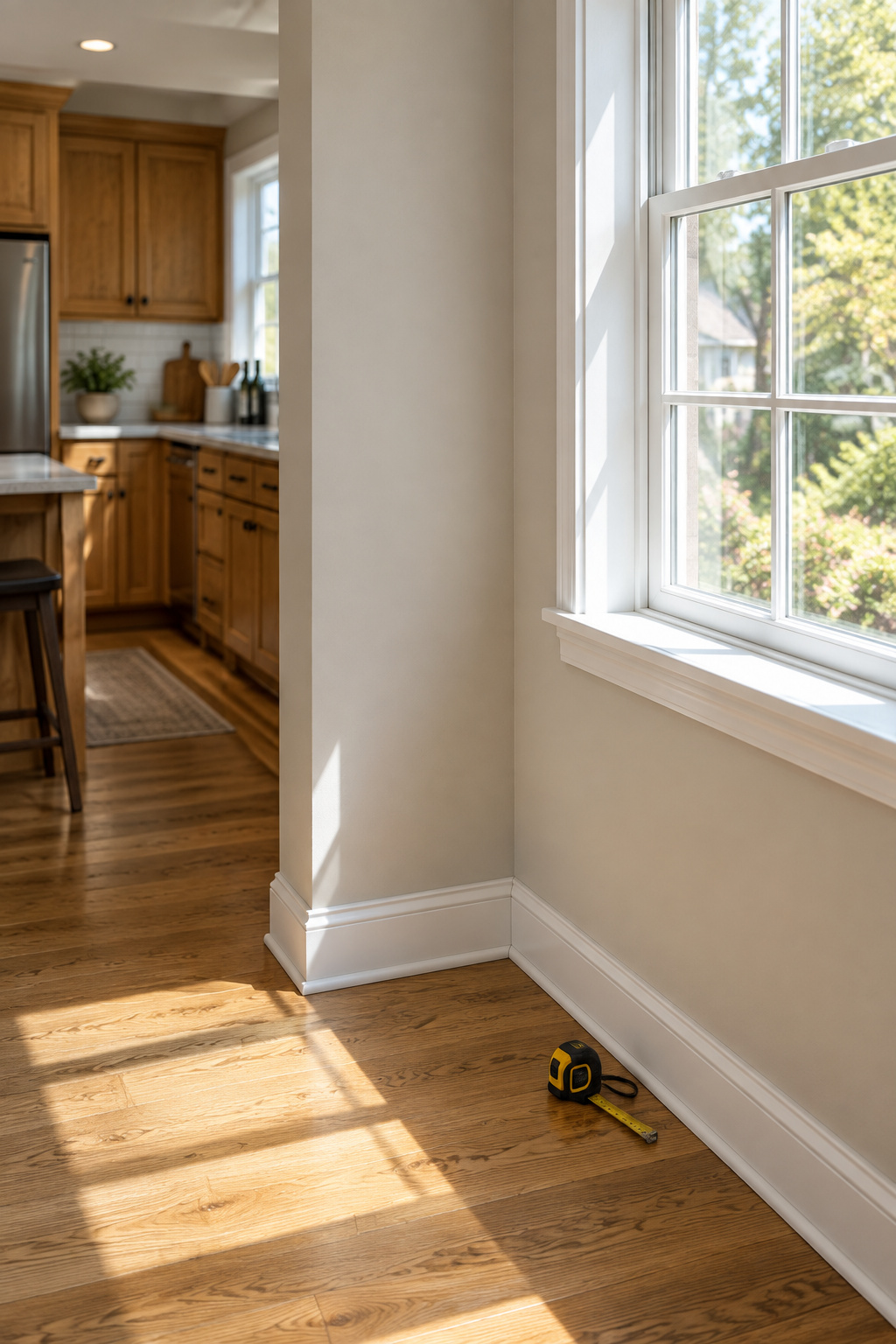 Empty kitchen corner beneath a window, with a tape measure on the floor, being assessed for a built-in banquette
