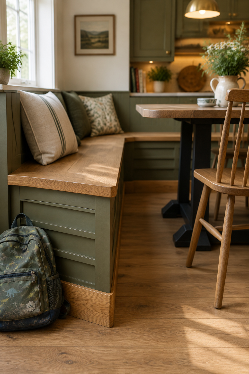 Ladder-base toe kick of an L-shaped oak banquette at the point seat where two bench runs meet, olive-green millwork