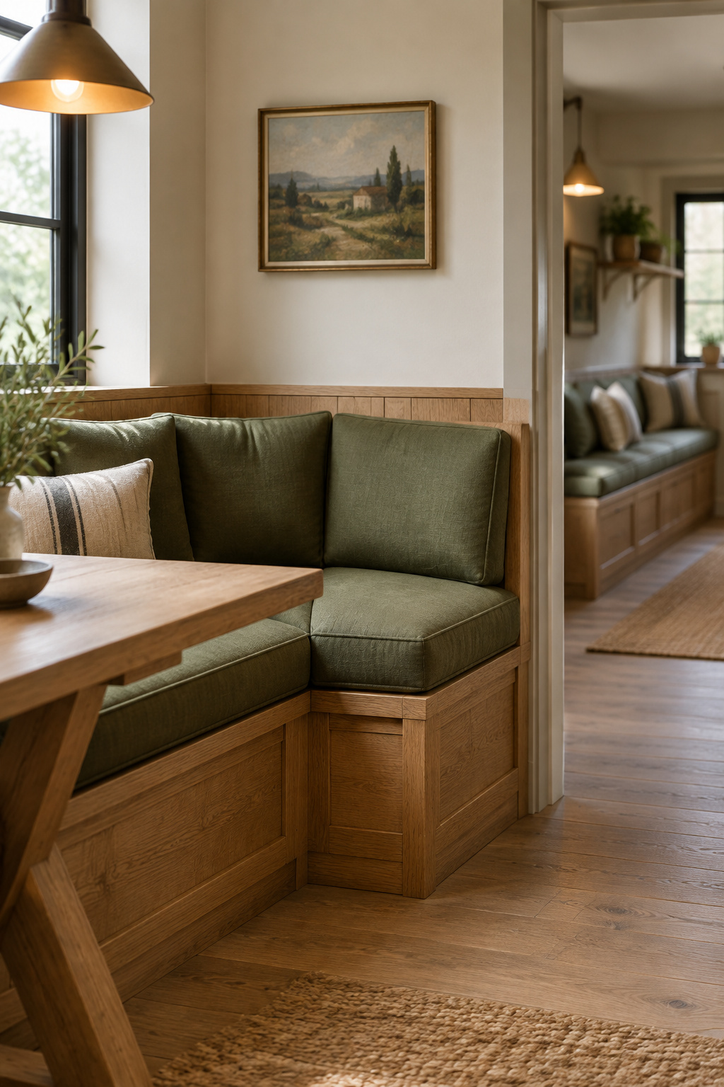 L-shaped oak kitchen banquette wrapping a corner with olive cushions, table edge in foreground