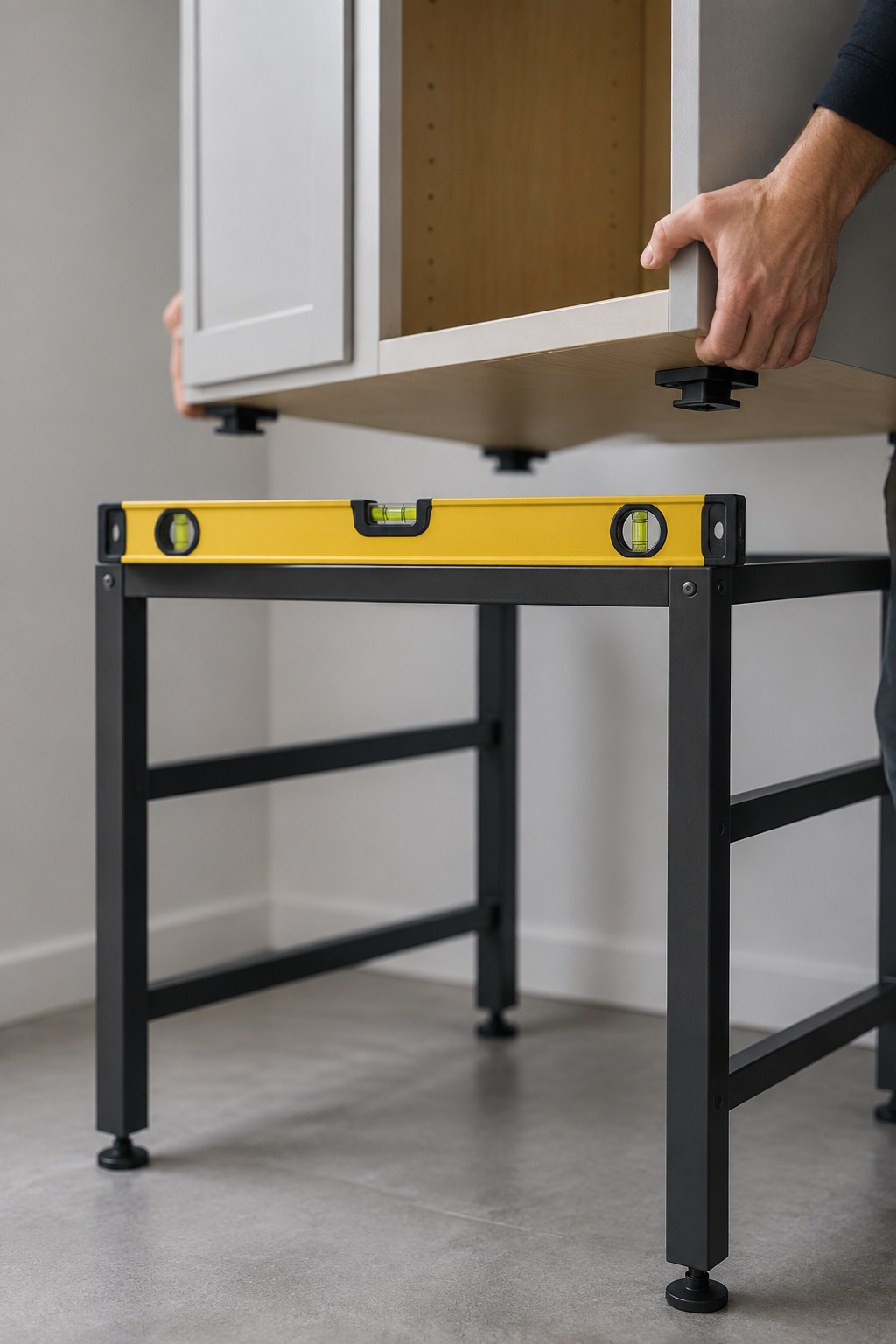 Low open-back ladder base frame leveled against a kitchen wall with a stock wall cabinet being set onto it, a wood shim visible at one corner