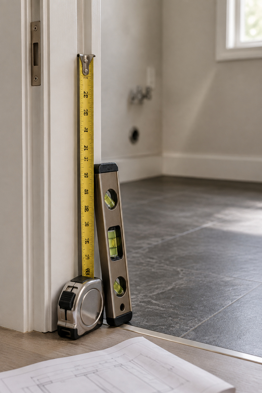 Tape measure and torpedo level resting in an empty putty-toned laundry closet doorway ready to measure for a stacked pair