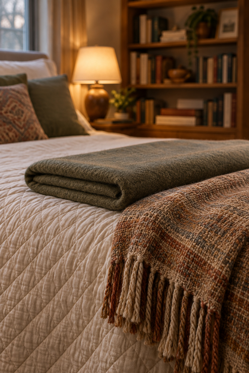 Foot of a bed with a tobacco-brown coverlet, a folded wool blanket and one oxblood throw, restrained layering under warm lamp light