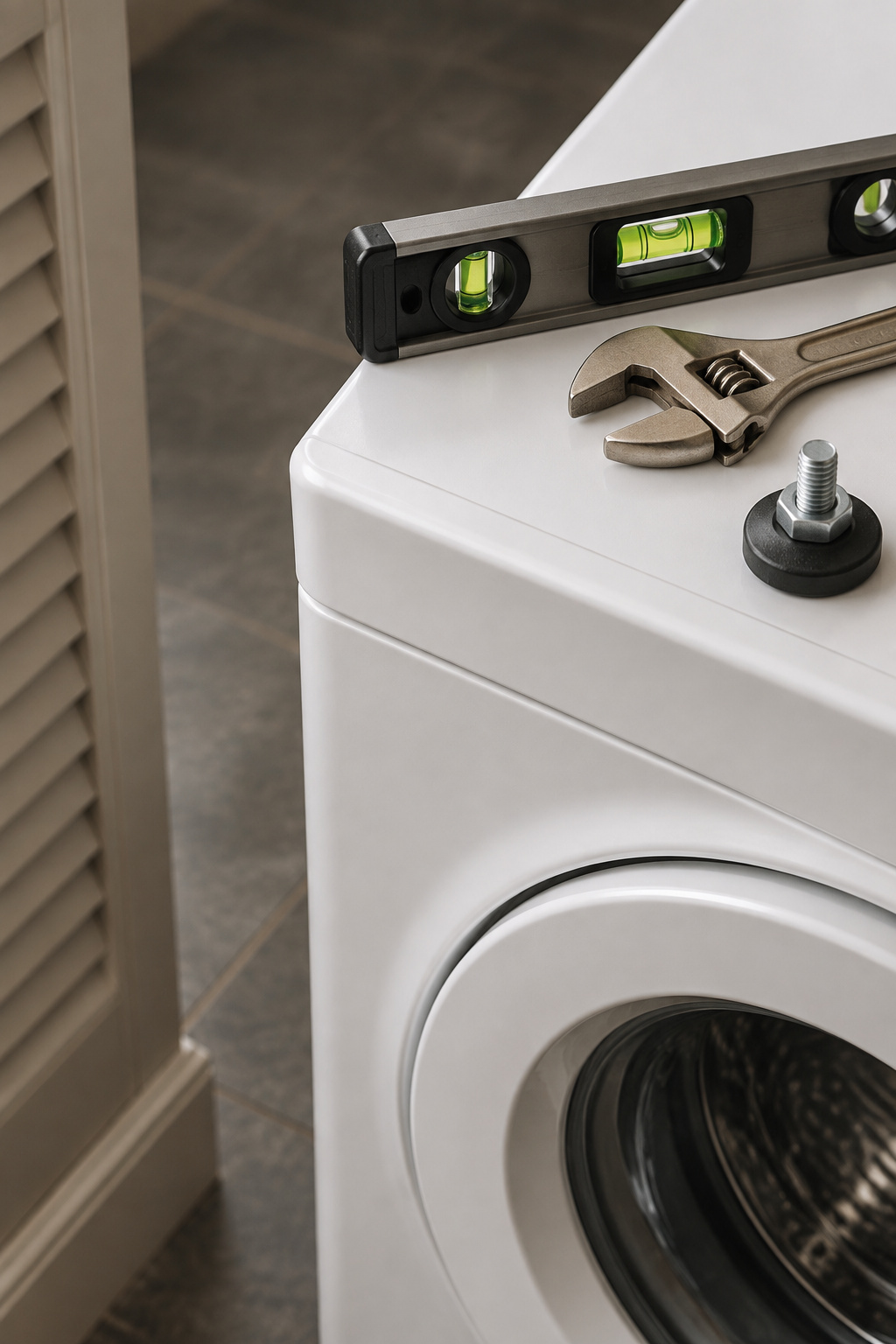 Torpedo level and adjustable wrench checking a front-load washer's feet before a dryer is stacked on top