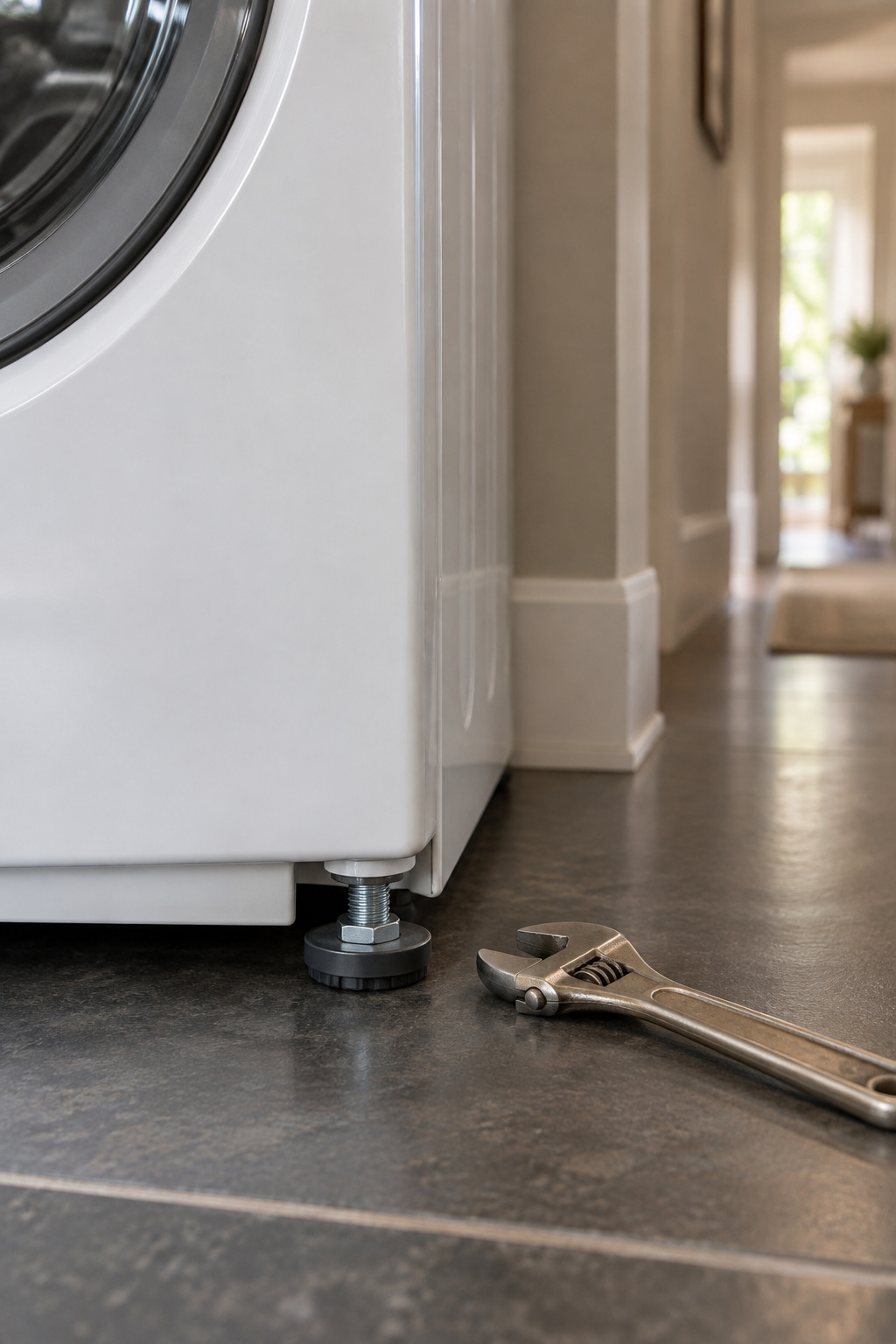 Adjustable levelling foot and wrench at the base of a stacked washer in a narrow corridor laundry nook