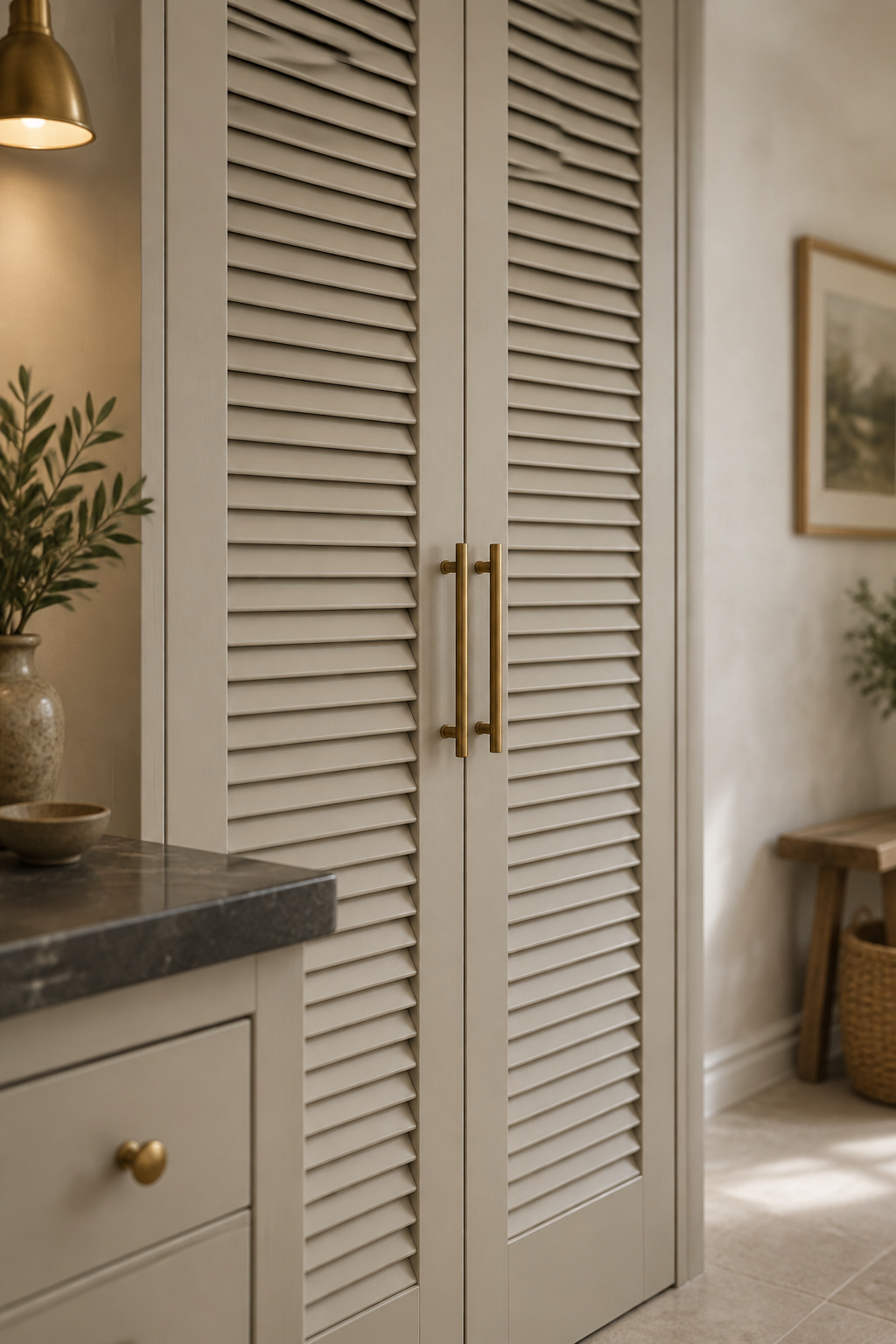 Closed putty-painted louvred cabinet doors with brass hardware concealing a stacked washer and dryer