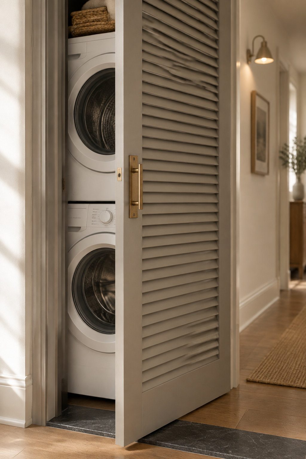 Greige louvred slatted closet door with a brass pull standing open in front of a white stacked washer and dryer
