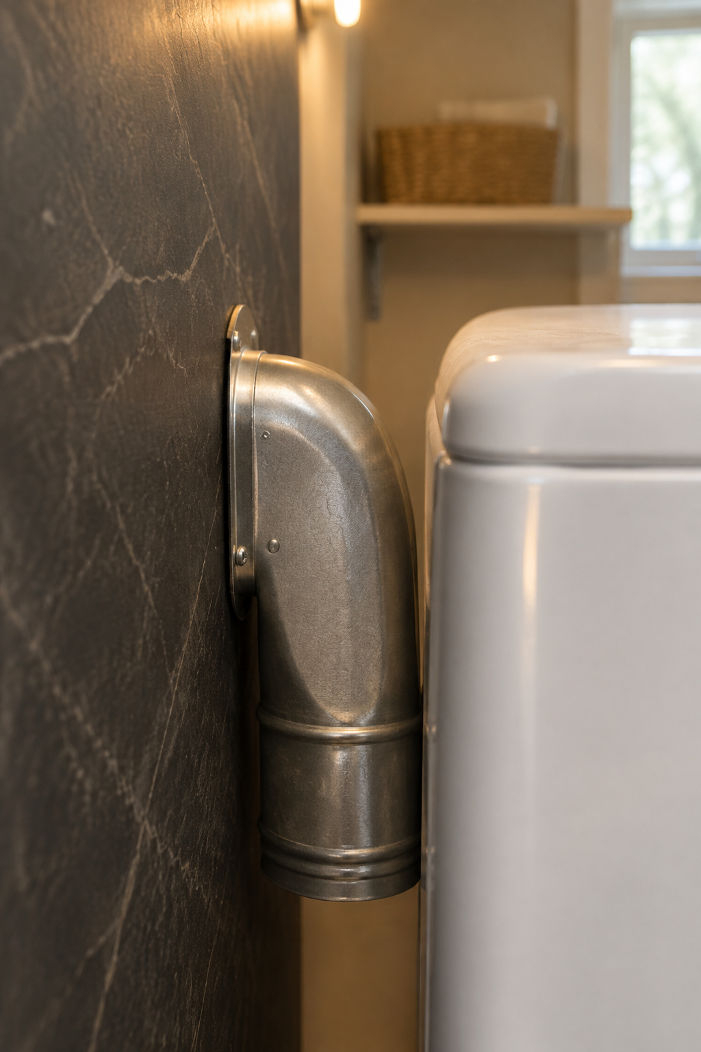 Slim low-profile dryer vent elbow allowing a white dryer to sit close to a dark stone wall