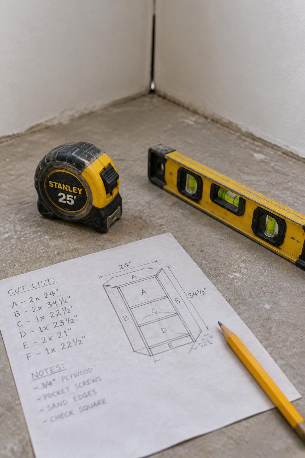 Tape measure and torpedo level laid against an empty kitchen corner before a banquette bench build