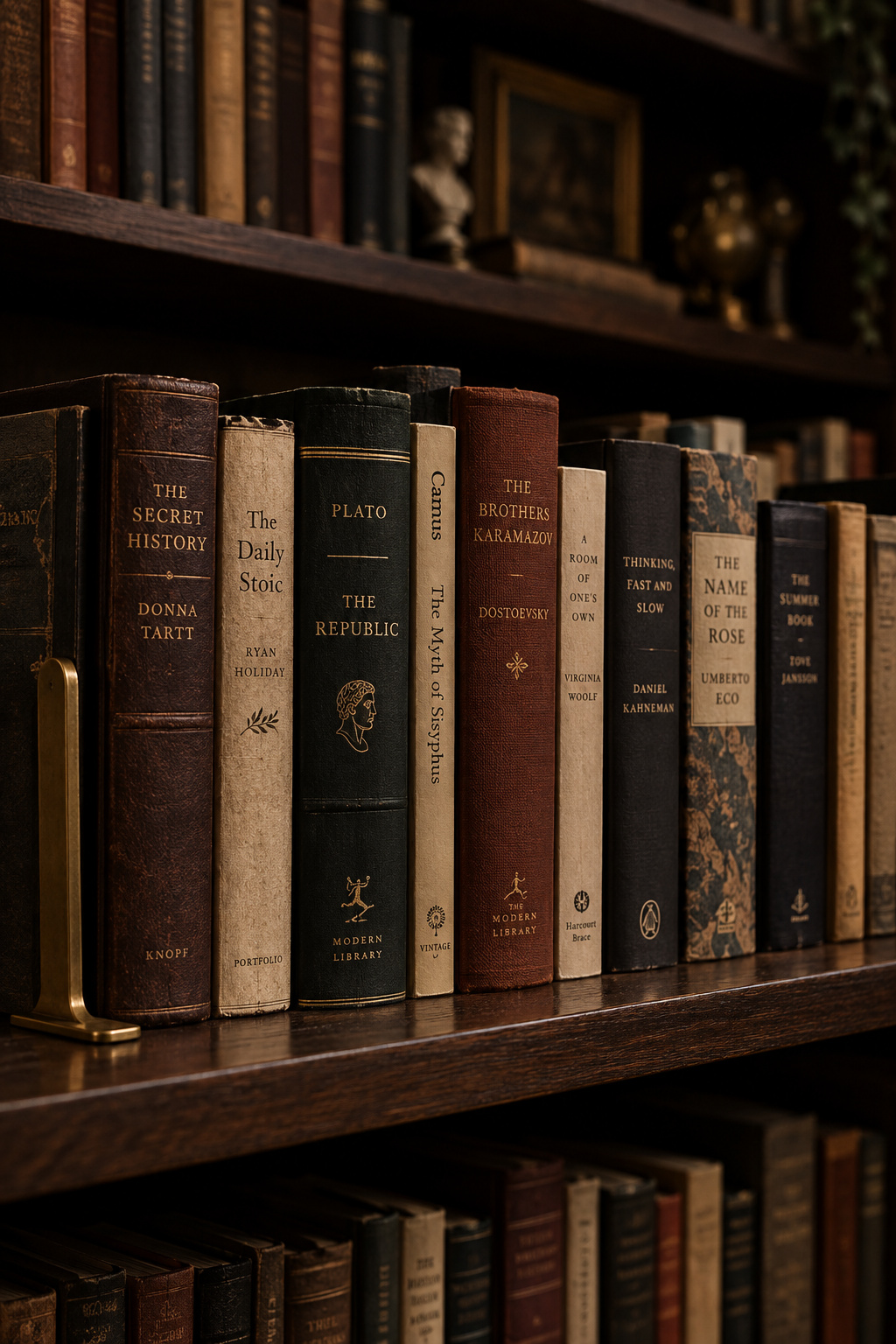 Deep wood bookshelf loaded edge to edge with a mixed collection of hardcovers and paperbacks of varying heights