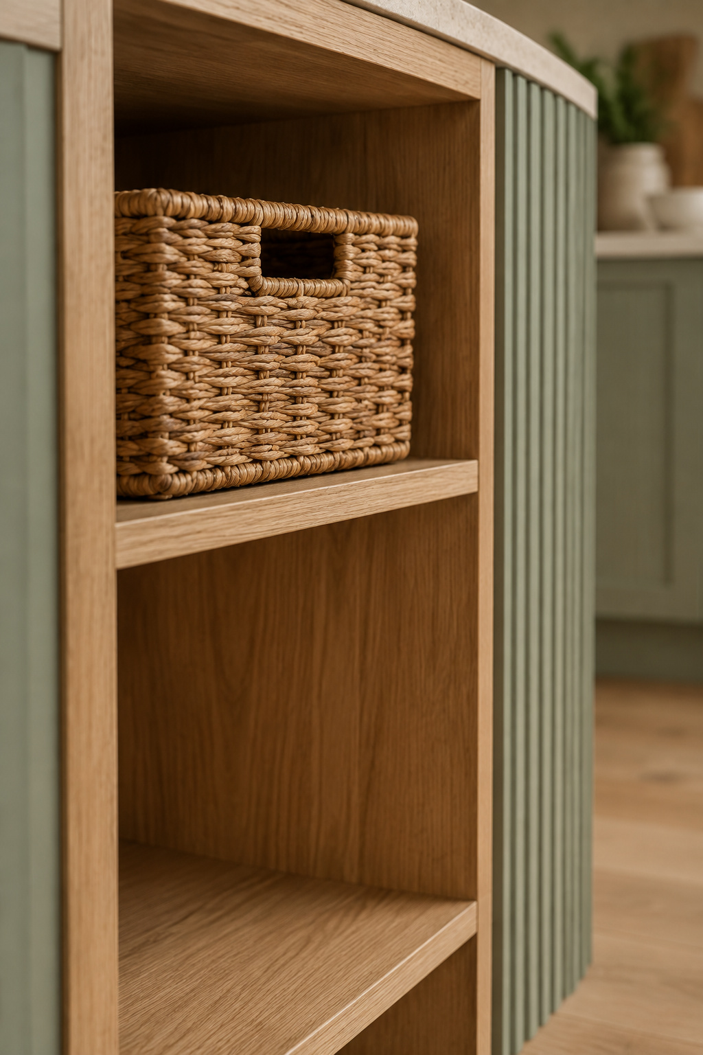 Open cubby storage under a kitchen banquette bench holding one woven basket, with a second empty cubby beside it