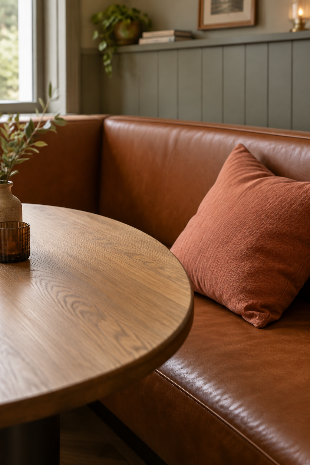 Oval oak tabletop meeting the corner of an L-shaped banquette bench upholstered in cognac leather