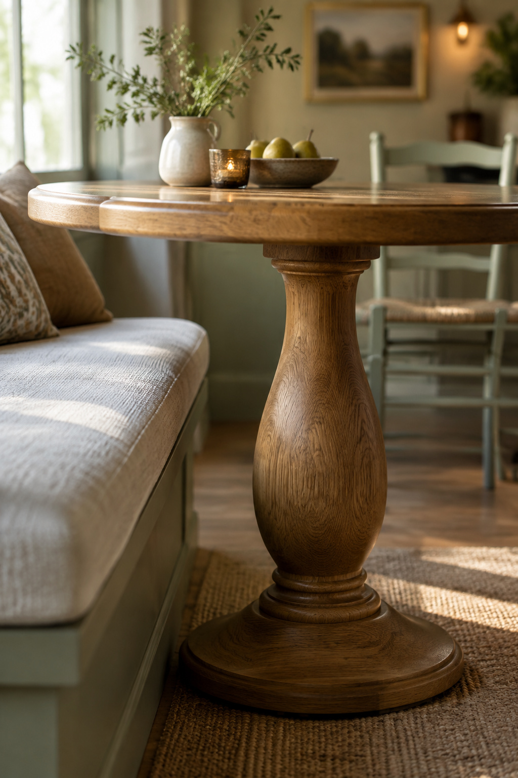Open oak pedestal table base with clear floor space beside an olive-upholstered banquette bench