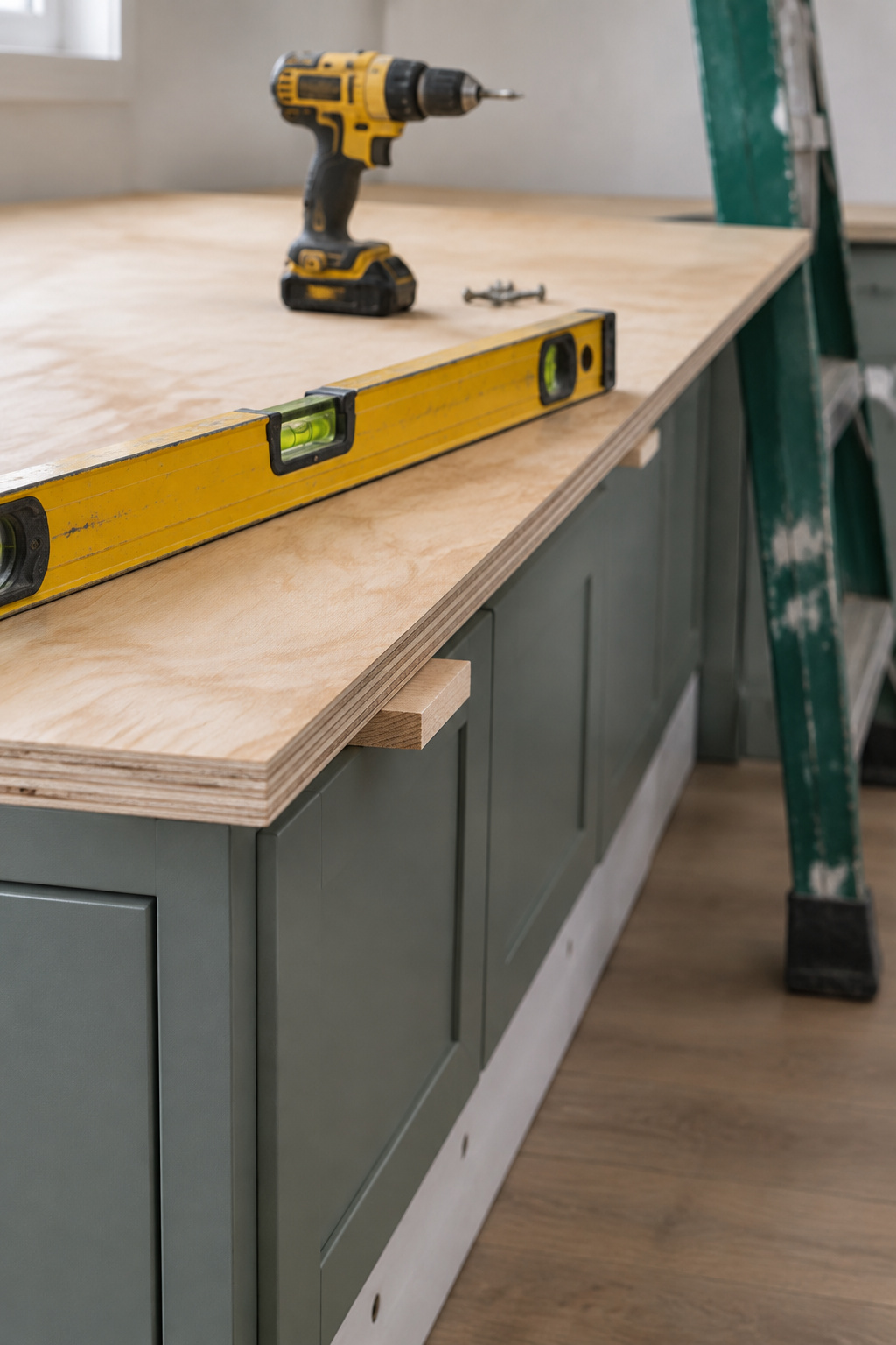 Plywood seat deck laid across the tops of a run of stock wall cabinets with a shim at one low corner and a level checking the plane