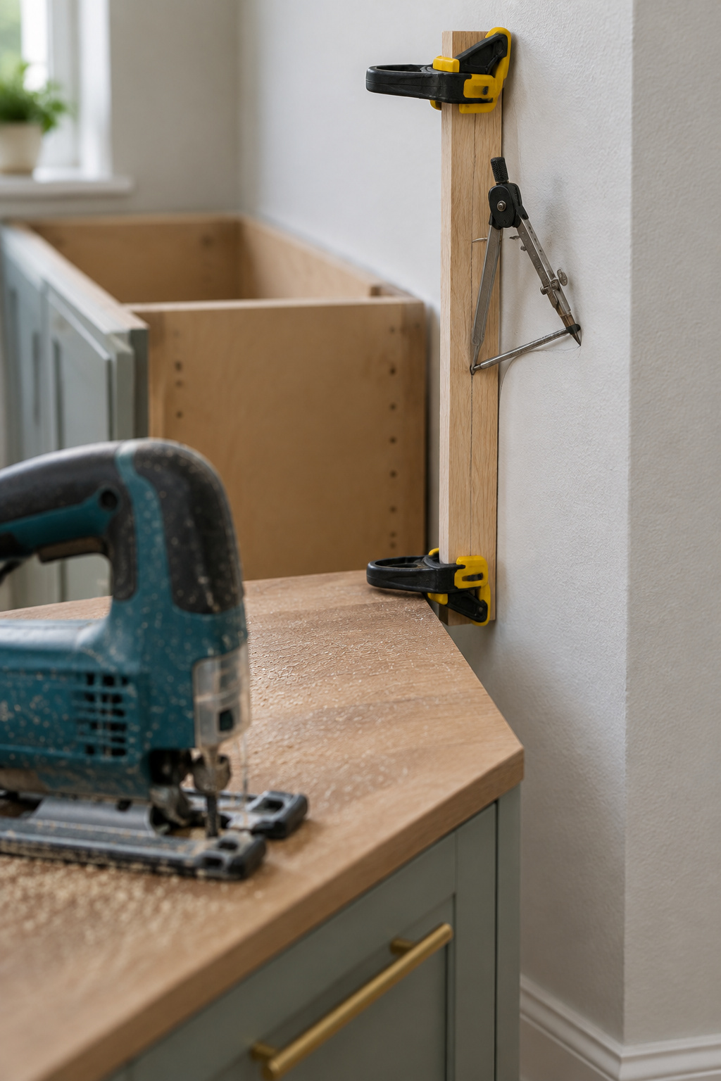 Wood filler strip clamped against a kitchen wall with a carpenter's compass tracing the wall's uneven contour onto it