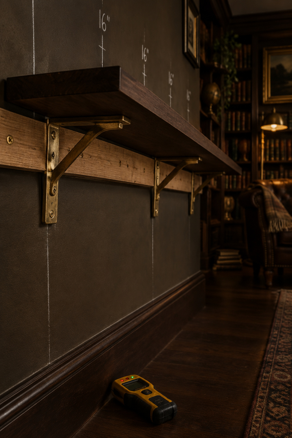 Wood ledger strip and brackets anchored into wall studs behind a partially installed bookshelf run