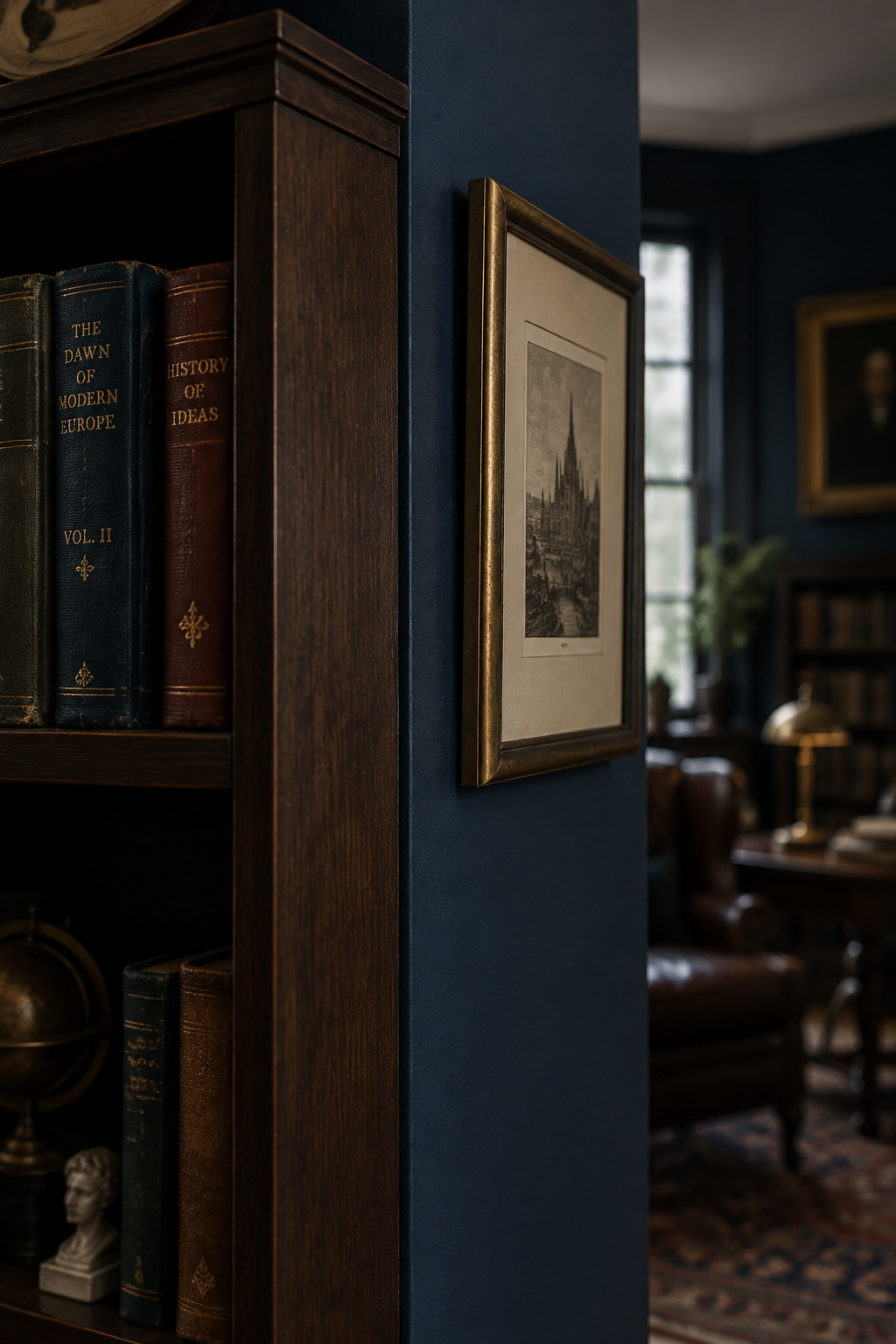 Interior corner where a dark wood bookshelf run ends and a small framed print begins on the adjoining wall
