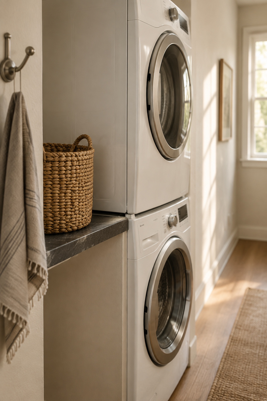 Stacked washer and dryer in a corridor alcove with a woven seagrass basket on a stone shelf beside the bracket seam