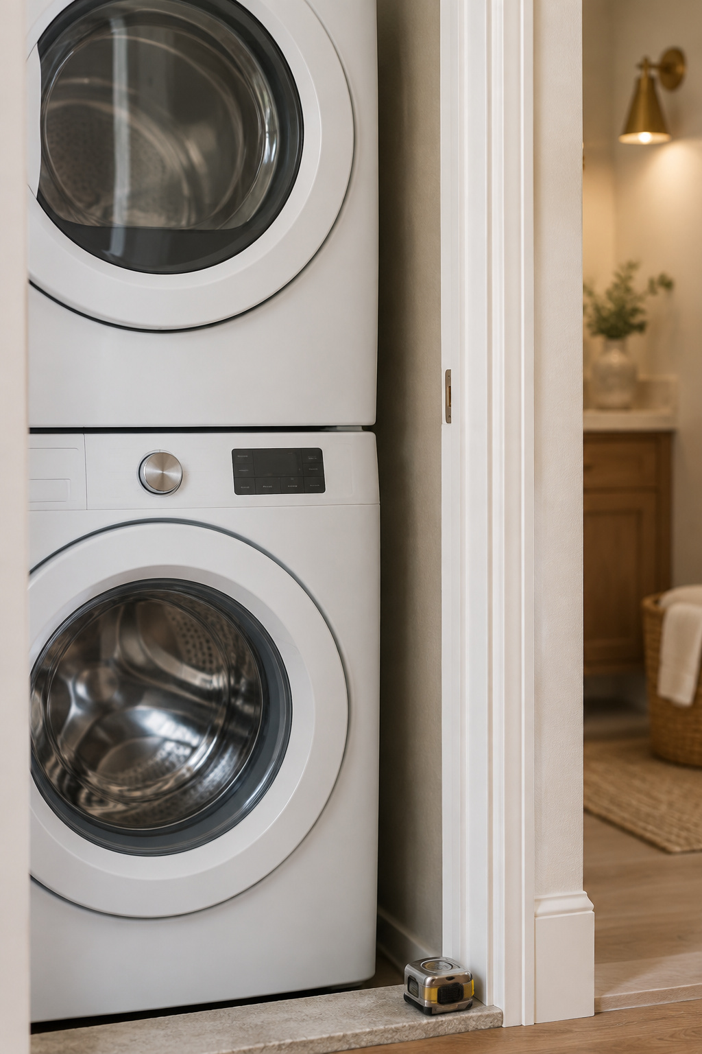 Stacked white washer and dryer in a closet opening showing the narrow side clearance gap against the door frame