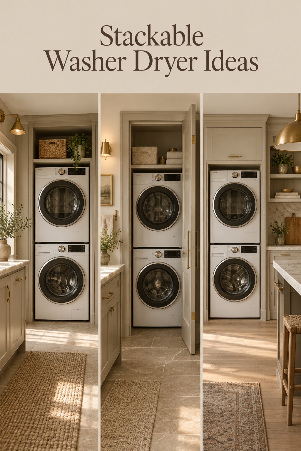 Pinterest collage of three rooms each holding a vertical stacked washer and dryer, closet, bathroom and hallway