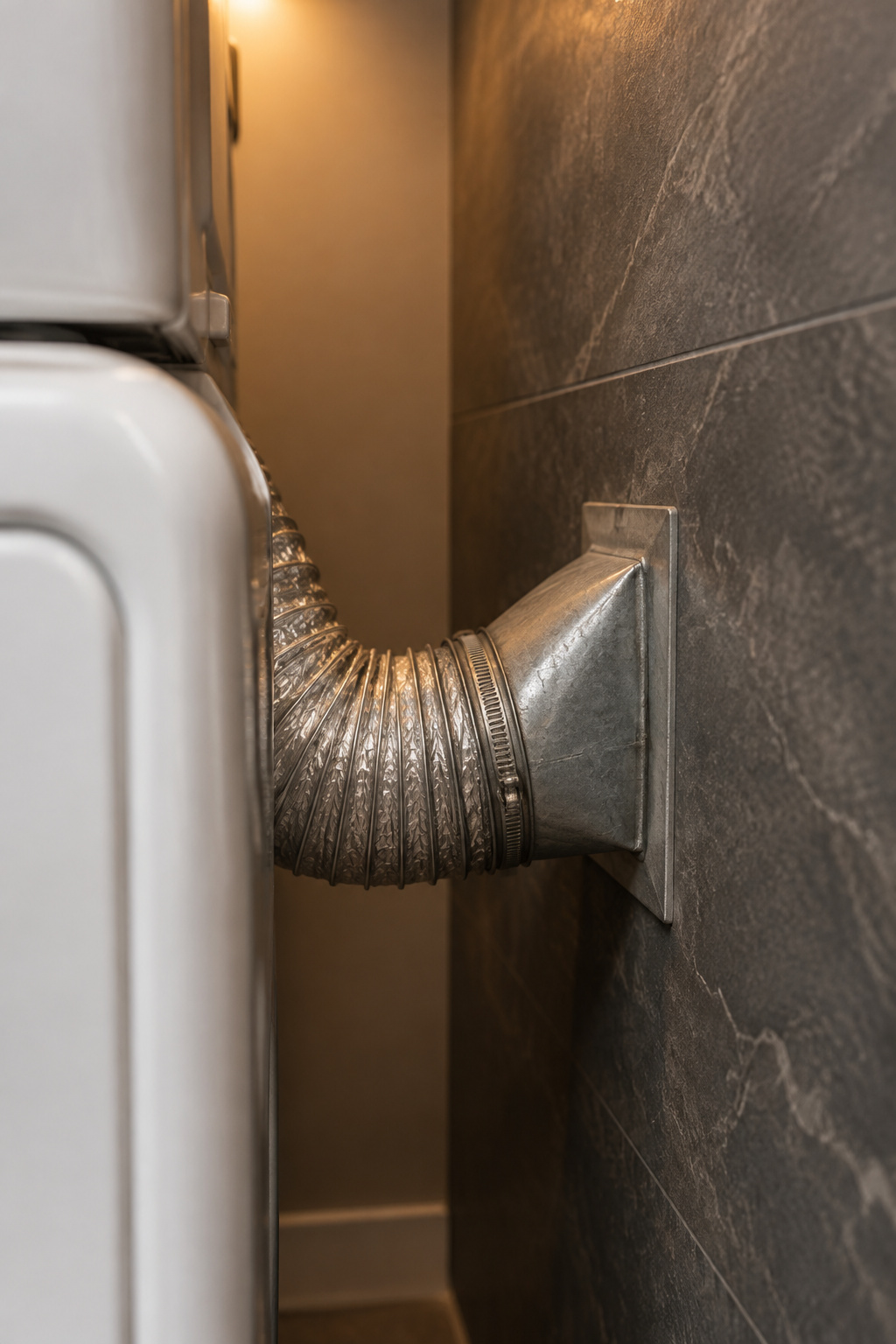 Close view of the narrow rear clearance behind a stacked dryer showing the coiled hose and vent elbow against a dark stone wall