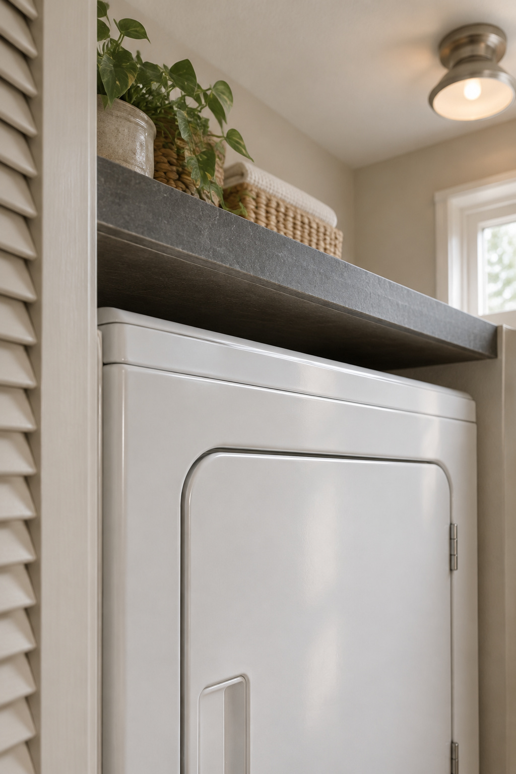 Top clearance gap above a white stacked dryer beneath a stone shelf ledge in a louvred closet