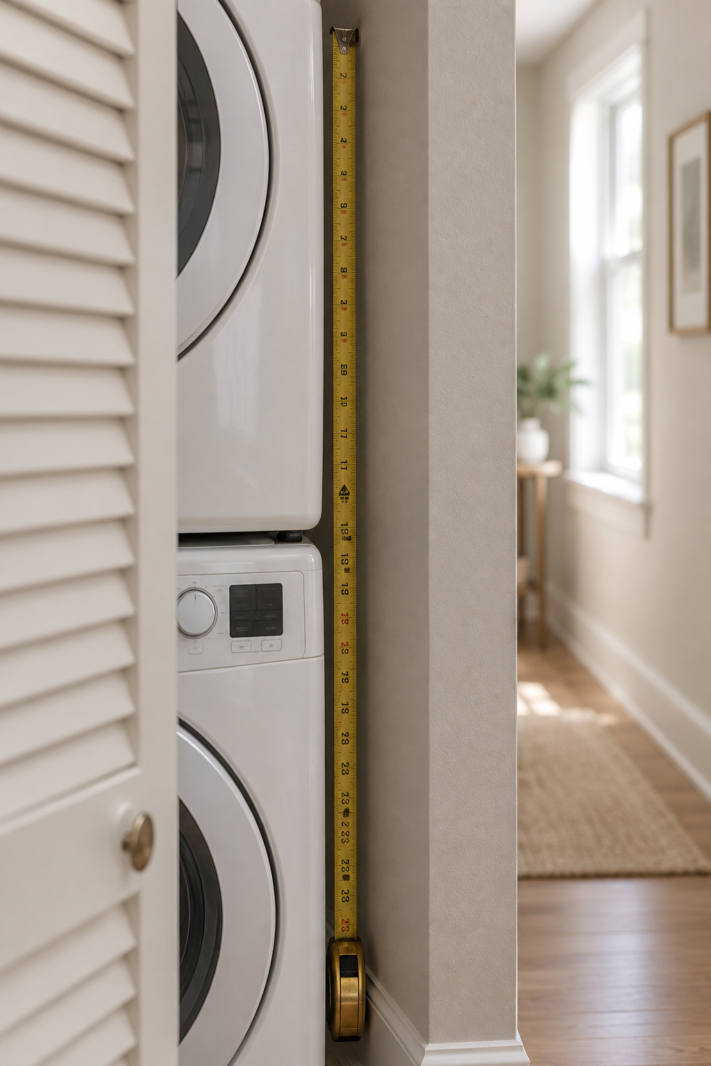 Tape measure checking the side clearance gap beside a stacked washer and dryer in a narrow alcove