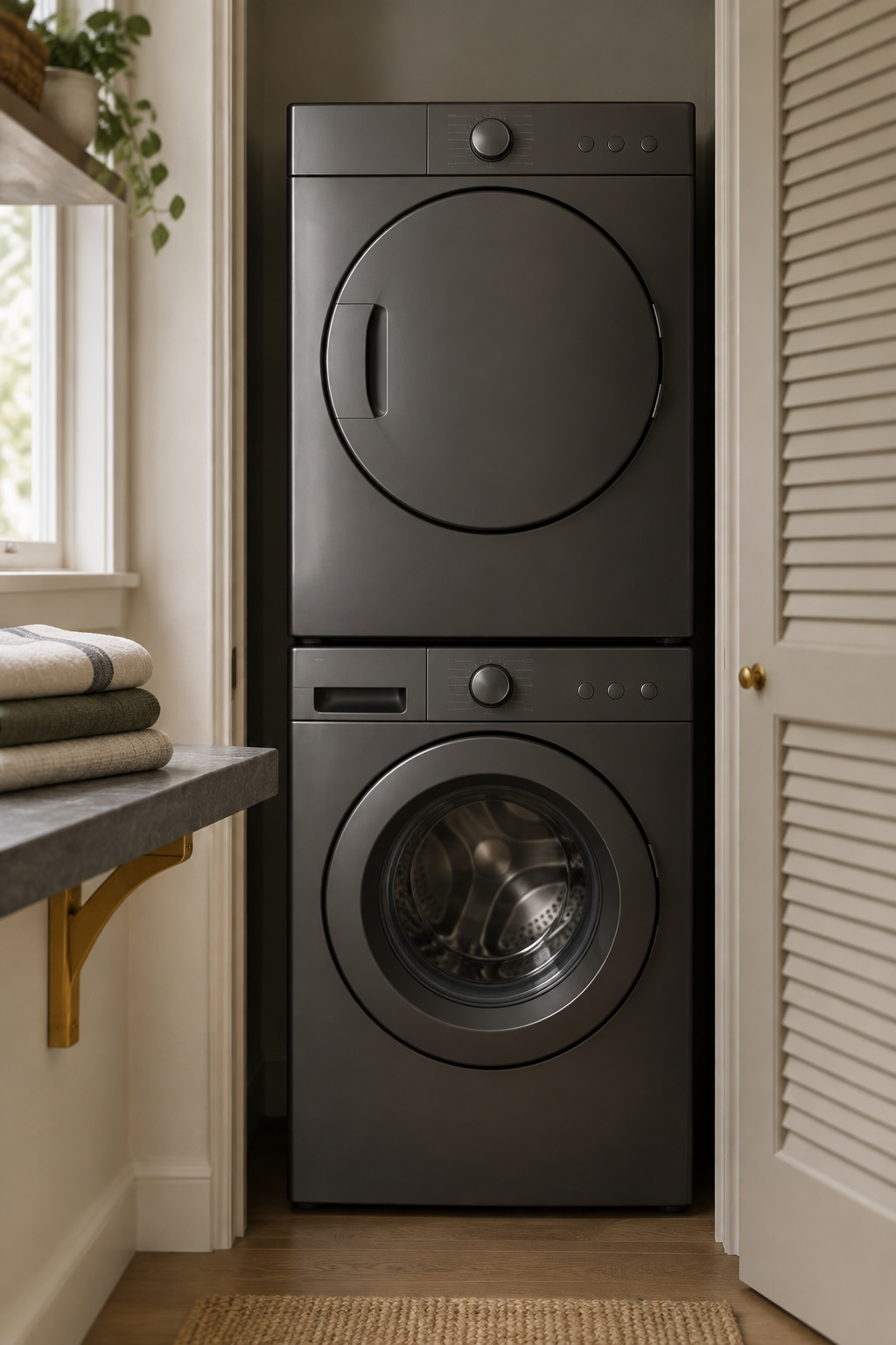 Graphite stacked washer and dryer in a closet with a honed dark-grey stone shelf and louvered putty door