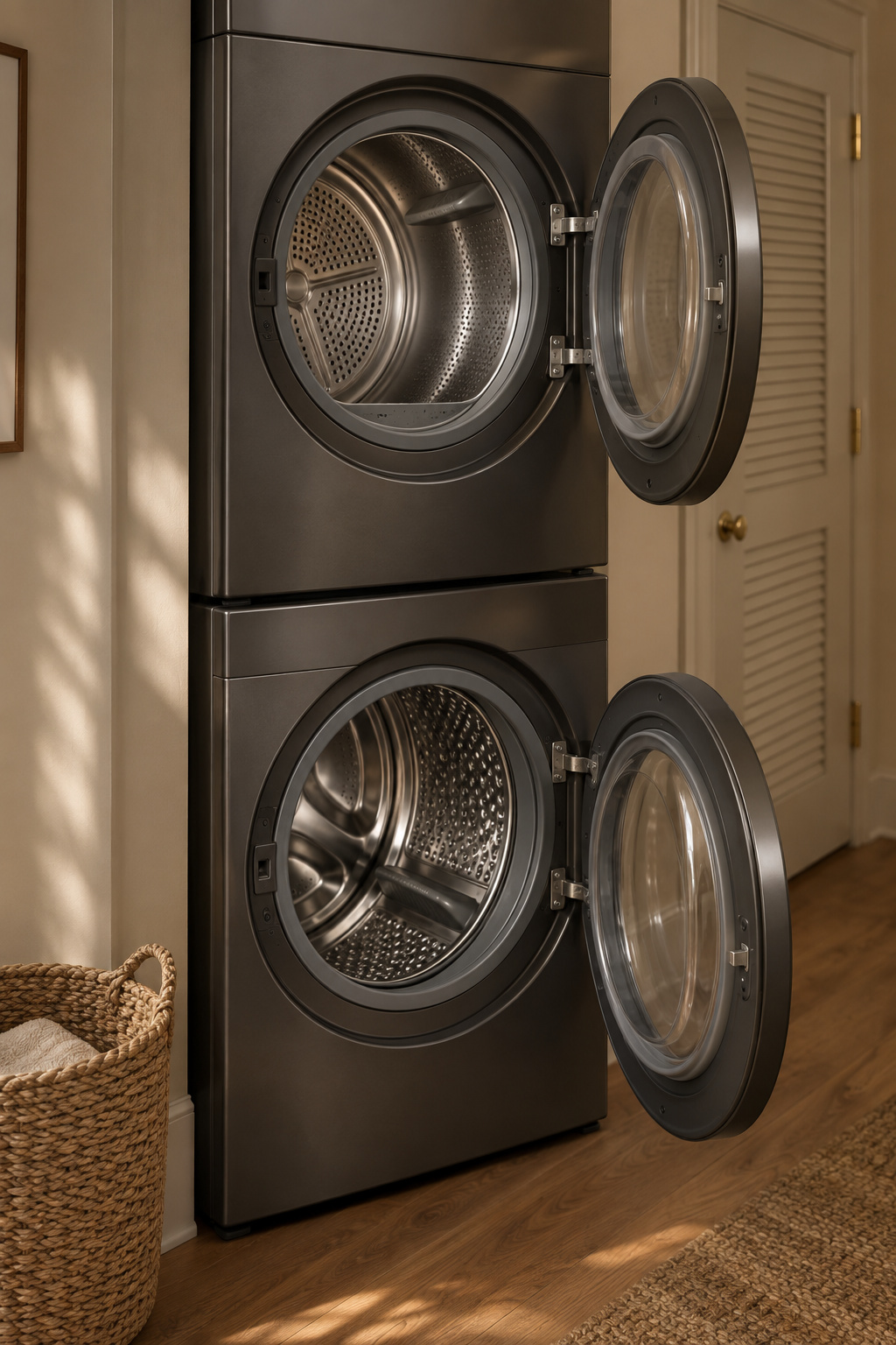 Stacked graphite washer and dryer with both doors open in a corridor, sized for a family's laundry volume