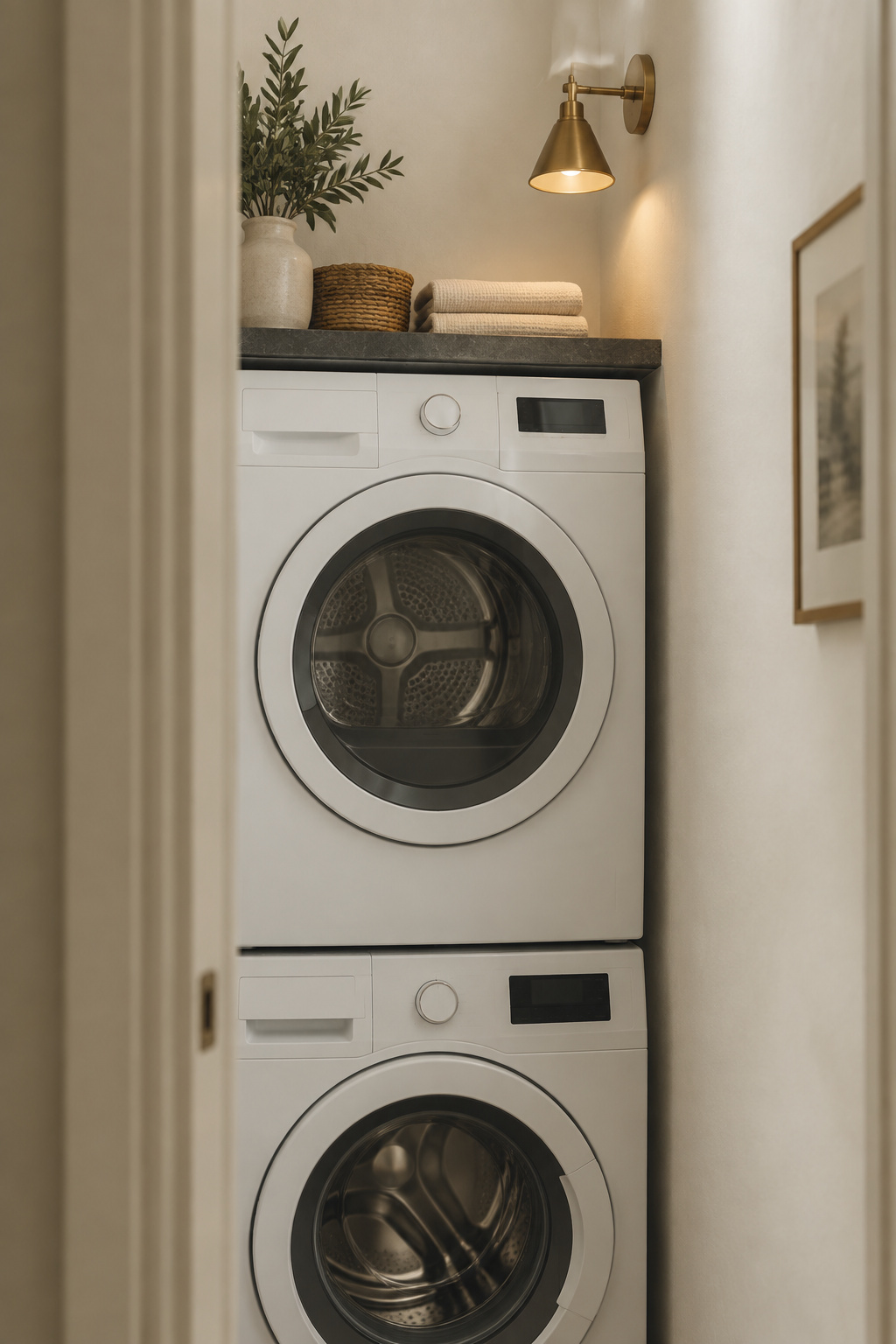 Narrow laundry nook with a white washer and dryer stacked vertically beneath a honed stone shelf