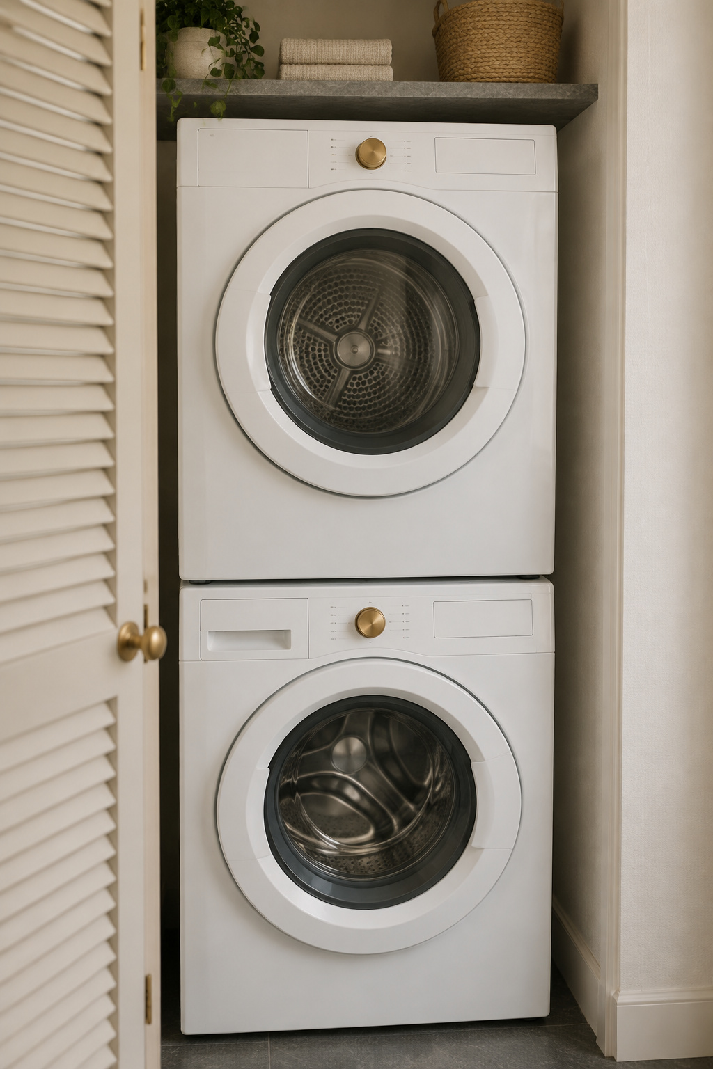 White dryer stacked on top of a matching white washer in a small putty-toned closet with a louvered door