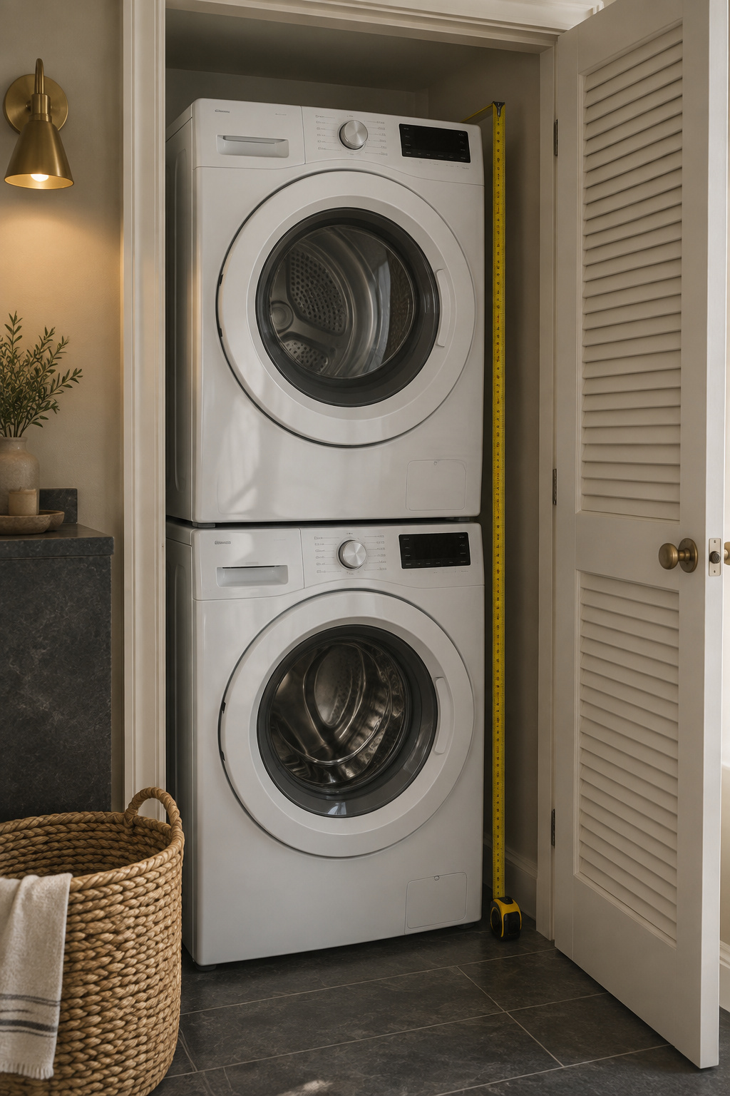 White stacked washer and dryer in a shallow putty-toned closet with a tape measure held against the side, louvered door open beside a seagrass basket