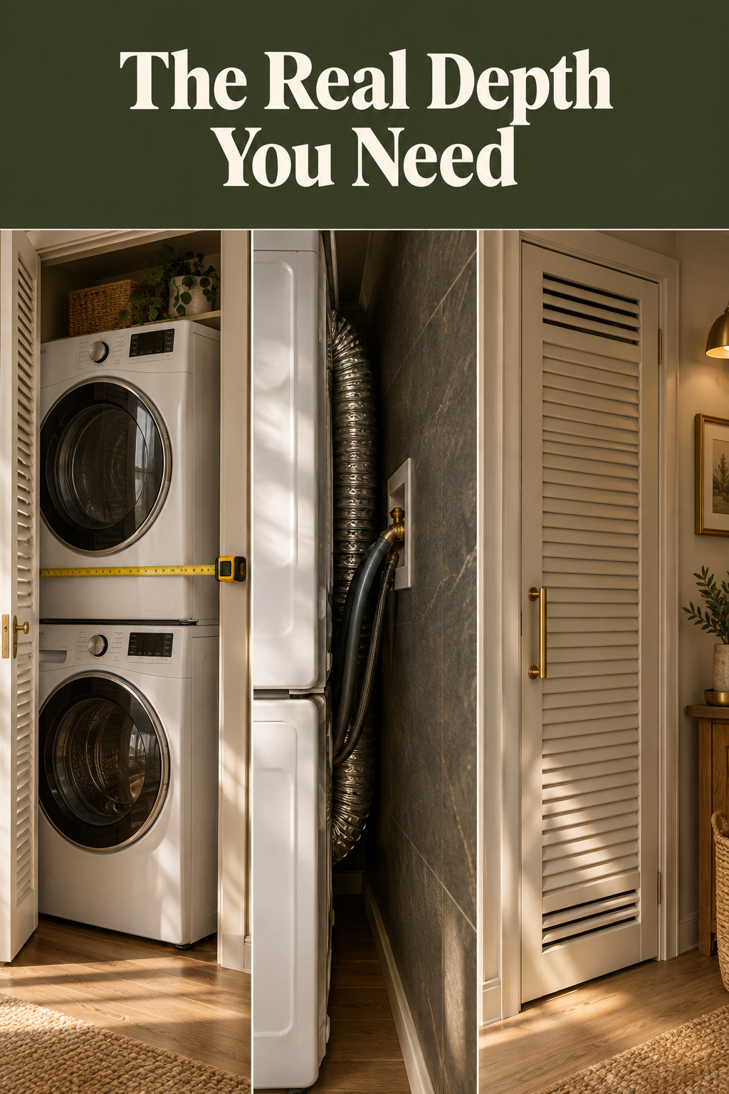 Three-panel Pinterest collage showing stacked washer and dryer measurements, rear clearance and a louvered closet door with air vents