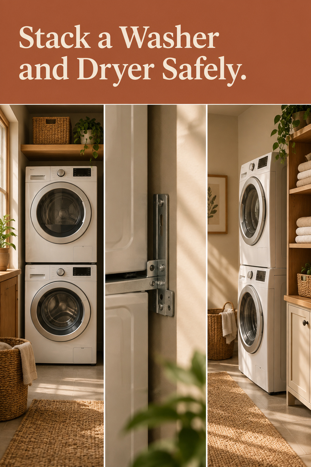 Pinterest collage showing stacking-kit hardware, a dryer being lifted onto a washer, and the finished stacked pair