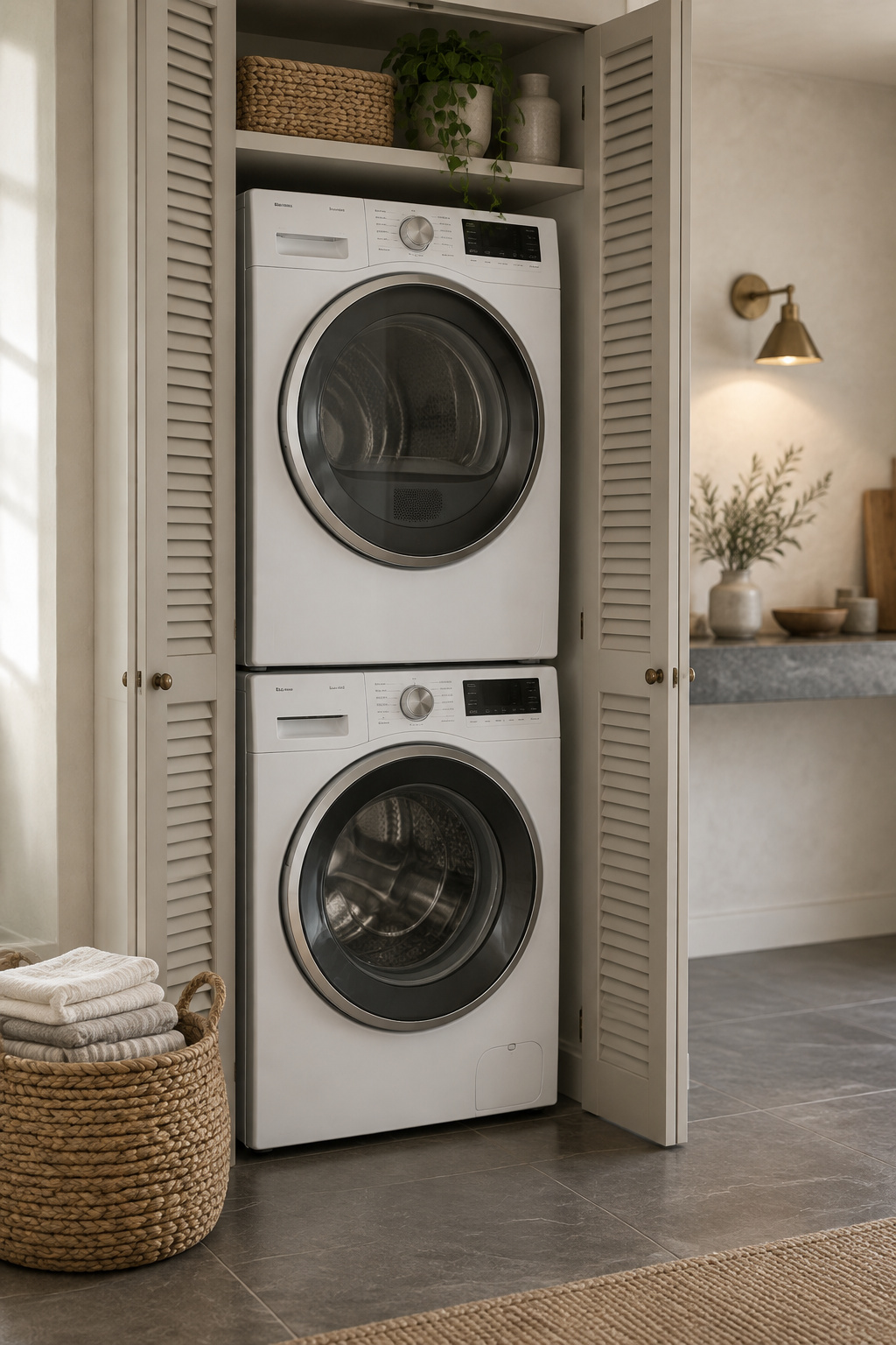 White stacked washer and dryer built into a putty-toned alcove with louvered doors and a honed stone shelf