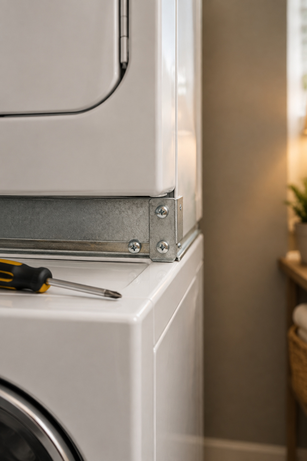 Stacking bracket and screws fastened at the seam between a dryer and the washer beneath it