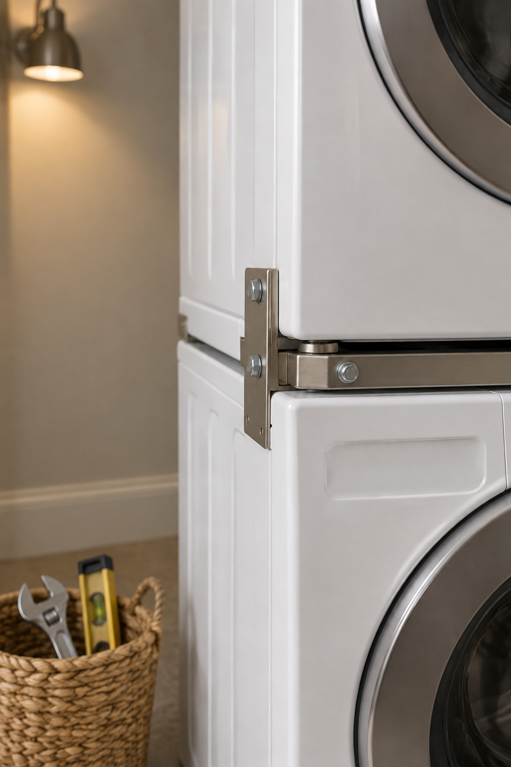 Close detail of a metal stacking-kit bracket securing a white dryer on top of a washer