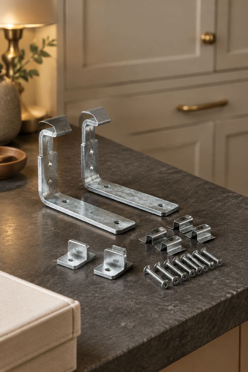 Manufacturer stacking-kit brackets, clips and screws laid out on a honed dark stone shelf before installation