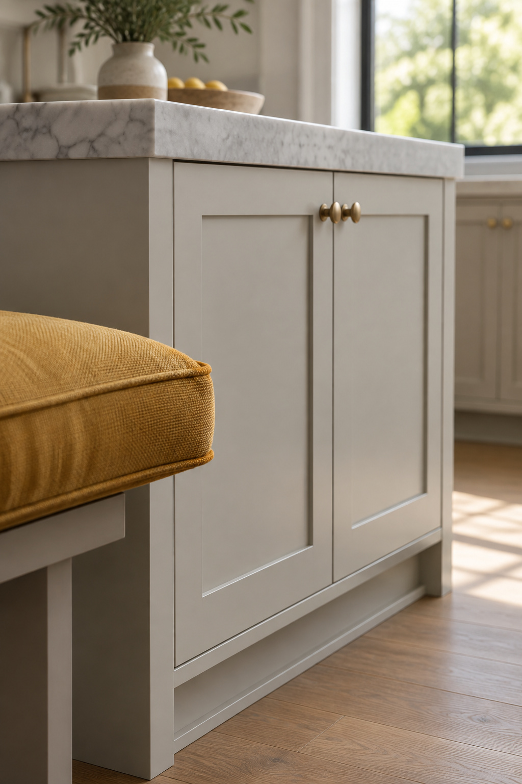Close view of stock shaker cabinet doors built into a painted banquette base with an ochre cushion overhanging the seat edge