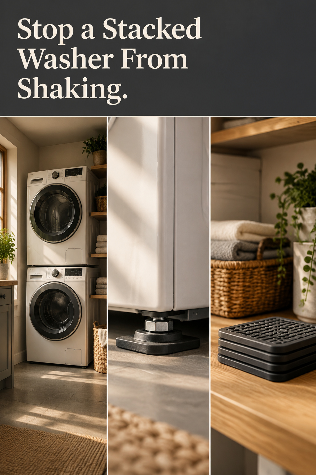 Pinterest collage showing a level on a washer, an anti-vibration pad under a machine foot, and a calm stacked washer and dryer in a corridor