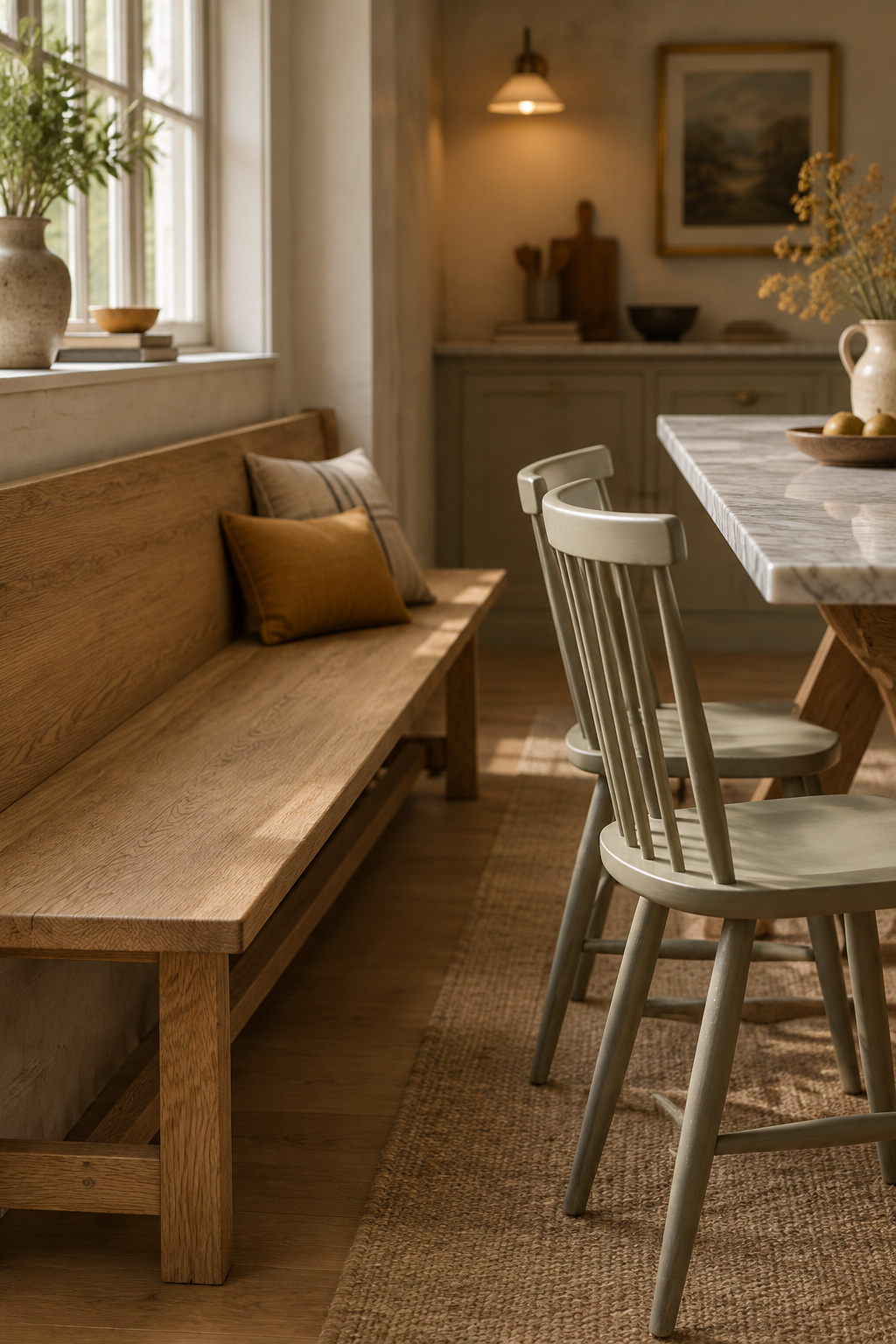 Straight-run oak banquette bench against a single kitchen wall with two chairs facing it across a marble-topped table