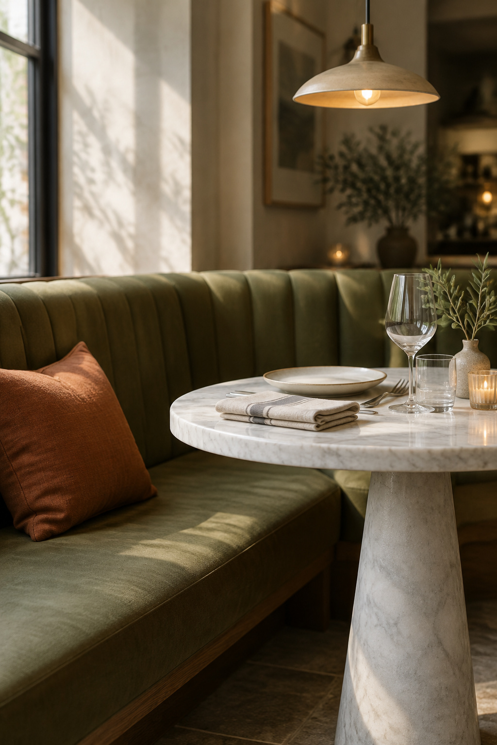Honed white marble pedestal table beside an olive banquette bench, set for a meal with a bag resting on the seat and a chair pulled out