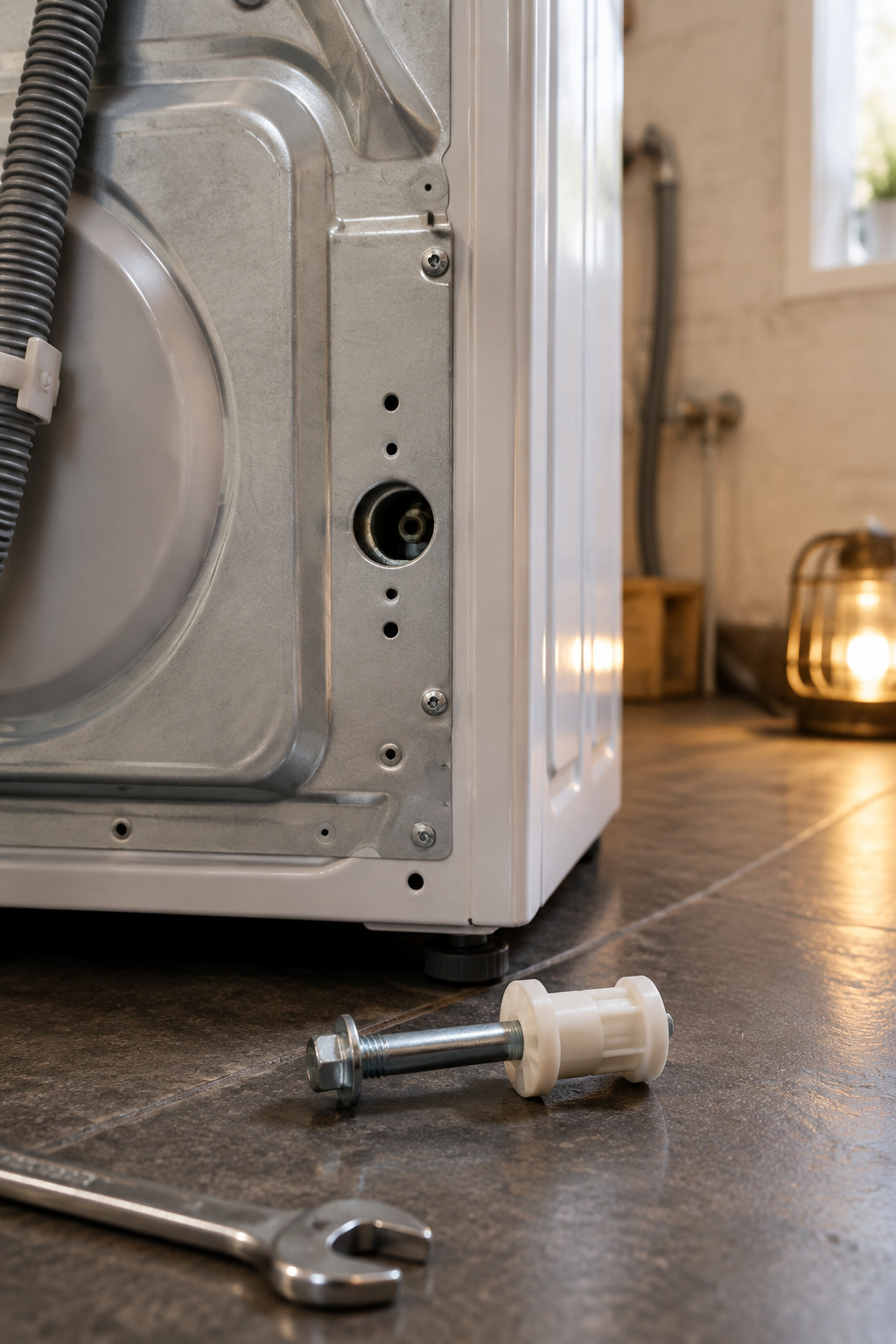 Transit bolt and spacer removed from the back of a front-load washer before stacking a dryer on top